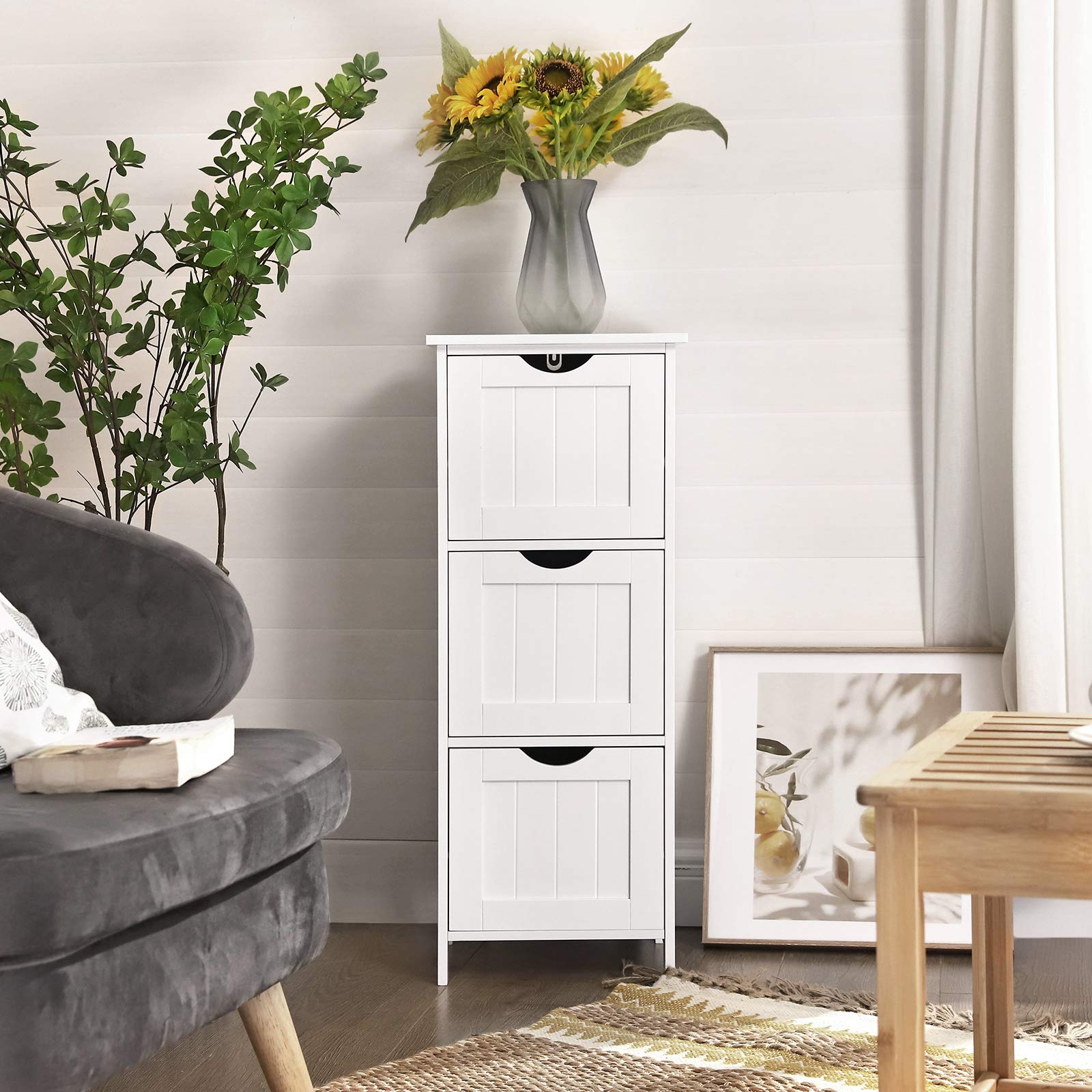 VASAGLE Bathroom Cabinet Floor Cabinet, Free-Standing Storage Cabinet with 3 Drawers, 12.6 x 11.8 x 31.9 Inches, for Bathroom, Living Room, Kitchen, Nordic Scandinavian Style, Matte White UBBC50WT