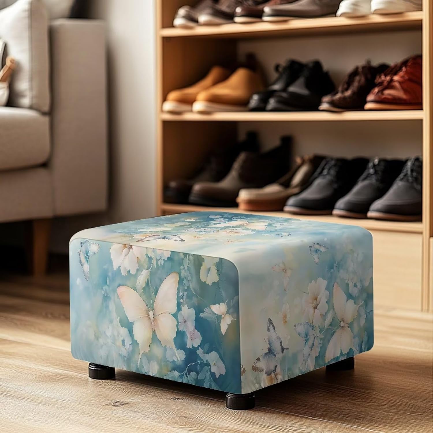Blue Butterfly Floral Print Ottoman Cover Square, High Stretch Folding Storage Footstool Protector Rectangle Removable Slipcover for Foot Stool for Living Room, Small