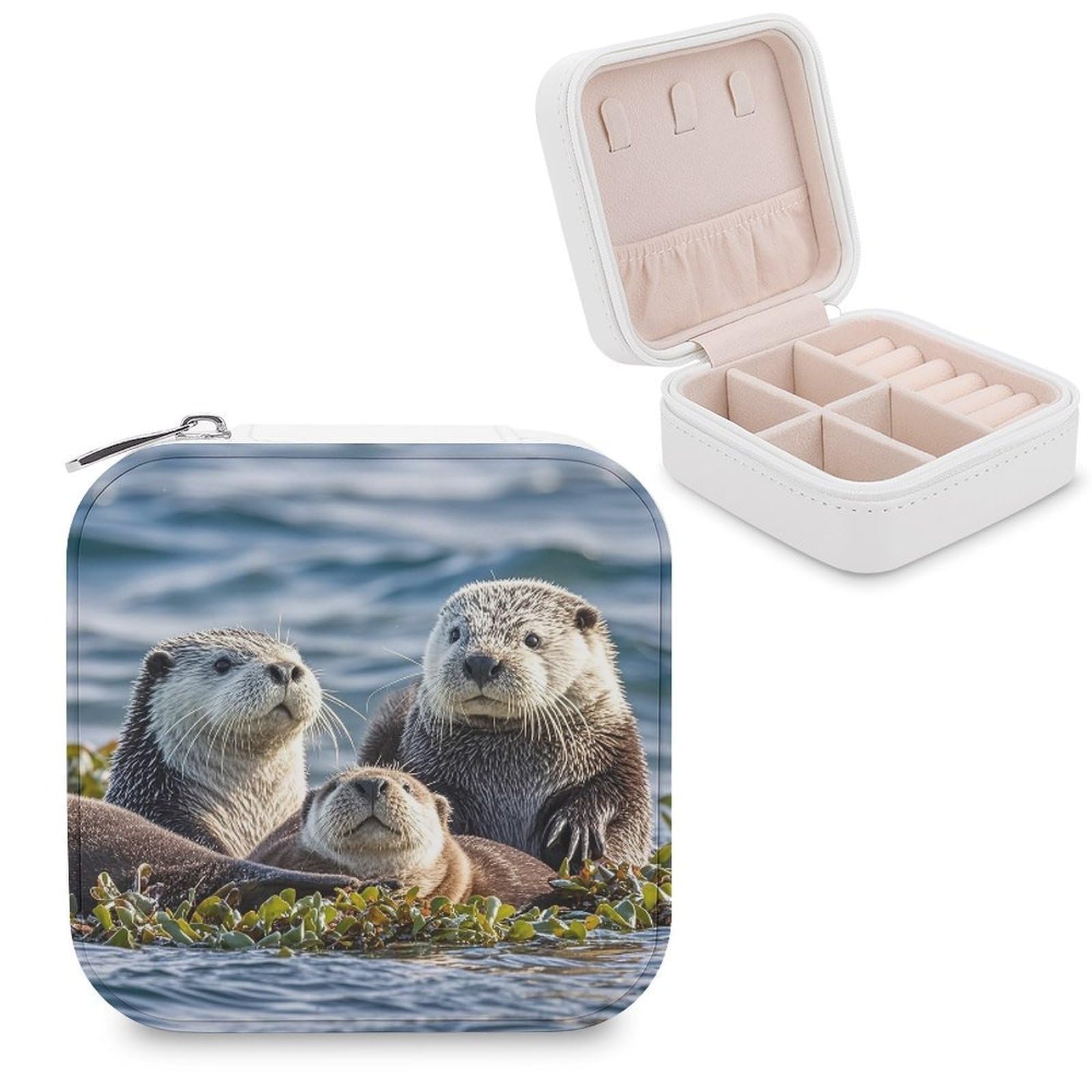 FekiLoot Sea Otters Travel Jewelry Box Small Jewelry Organizer Storage Case Portable PU Leather Mini Jewellry Travel Case Necklace Ring Storage Organizer Gift for Women