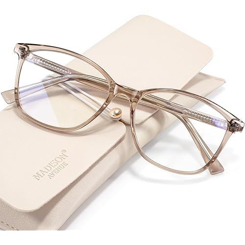 Madison Avenue Square Vintage TR90 Blue Light Blocking Reading Glasses for Women with Case, Anti Glare/Eyestrain Computer Readers Coffee Brown +1.75