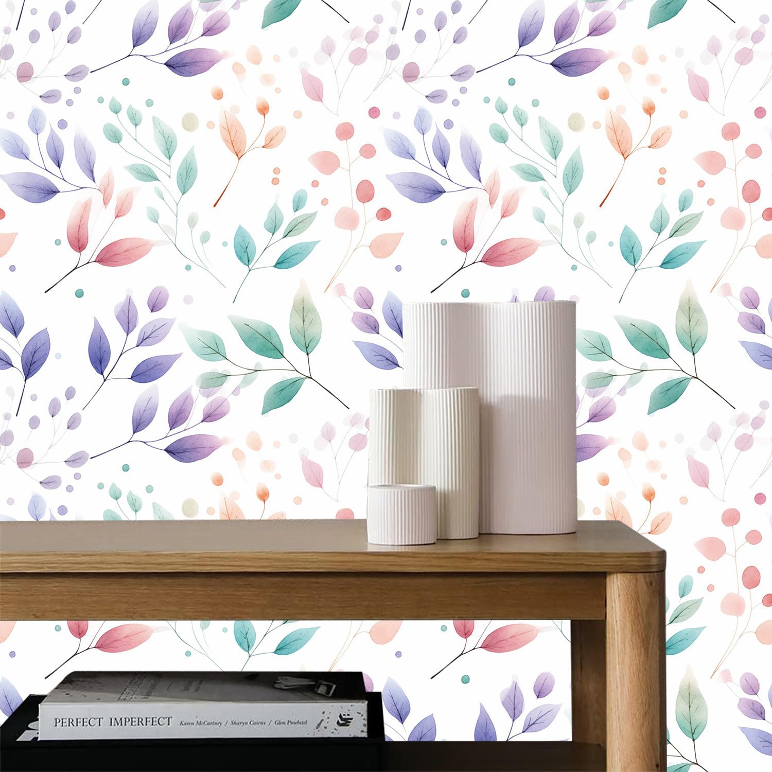 Papel pintado autoadhesivo Hojas de acuarela Papel tapiz adhesivo Hojas coloridas papel de contacto papel de pared papel de pared fácil de despegar para mesita de noche cajón gabinete inquilino