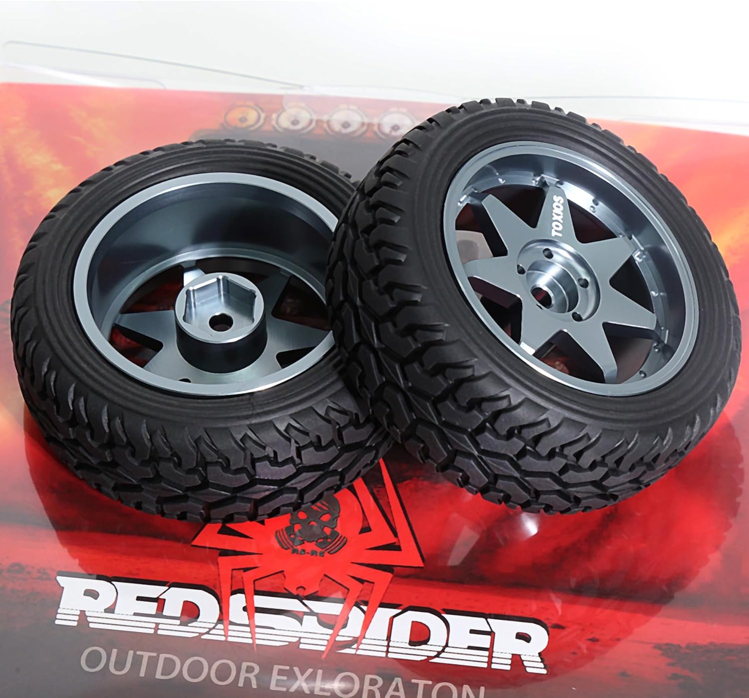 REDSPIDER 1/10 RC Rally Car Tyres 12mm Hex Hub Rubber Tires & Aluminium Wheel Rims OD 75mm/2.95'' for 1/16 1/14 1/12 1/10 RC Touring Car On-Road Off Road Buggy (Titanium)