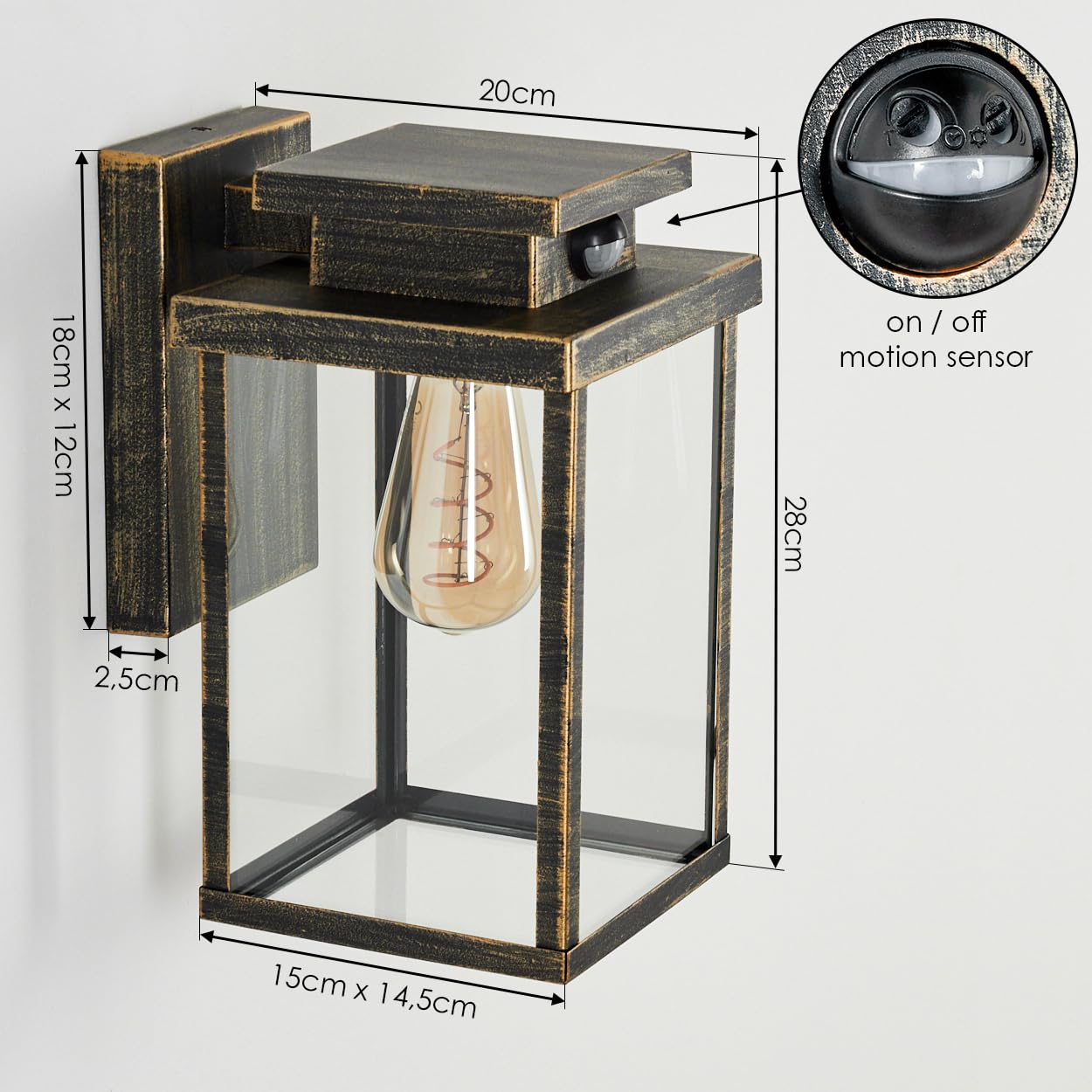Zewnętrzna lampa ścienna Tieva z czujnikiem ruchu metal/szkło w kolorze brązowym/złotym/jasnym, lampa zewnętrzna skierowana w dół z efektem świetlnym, IP44, bez żarówki