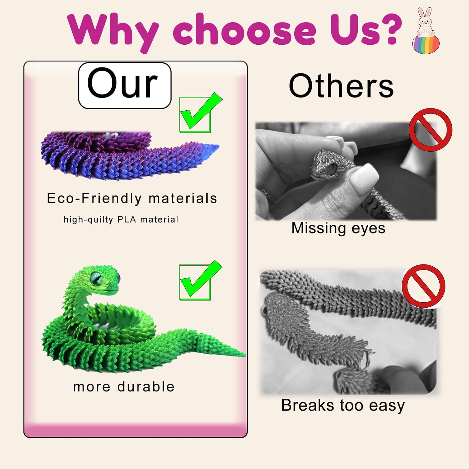 3D Printed Snake with Egg, Realistic Flexible Viper Fidget Toy Set, Stress Relief 3-D Articulated Animals for Kids & Adults, Easter Egg Basket Stuffer, Cool Desk Mystery Toy Gift (Blue)