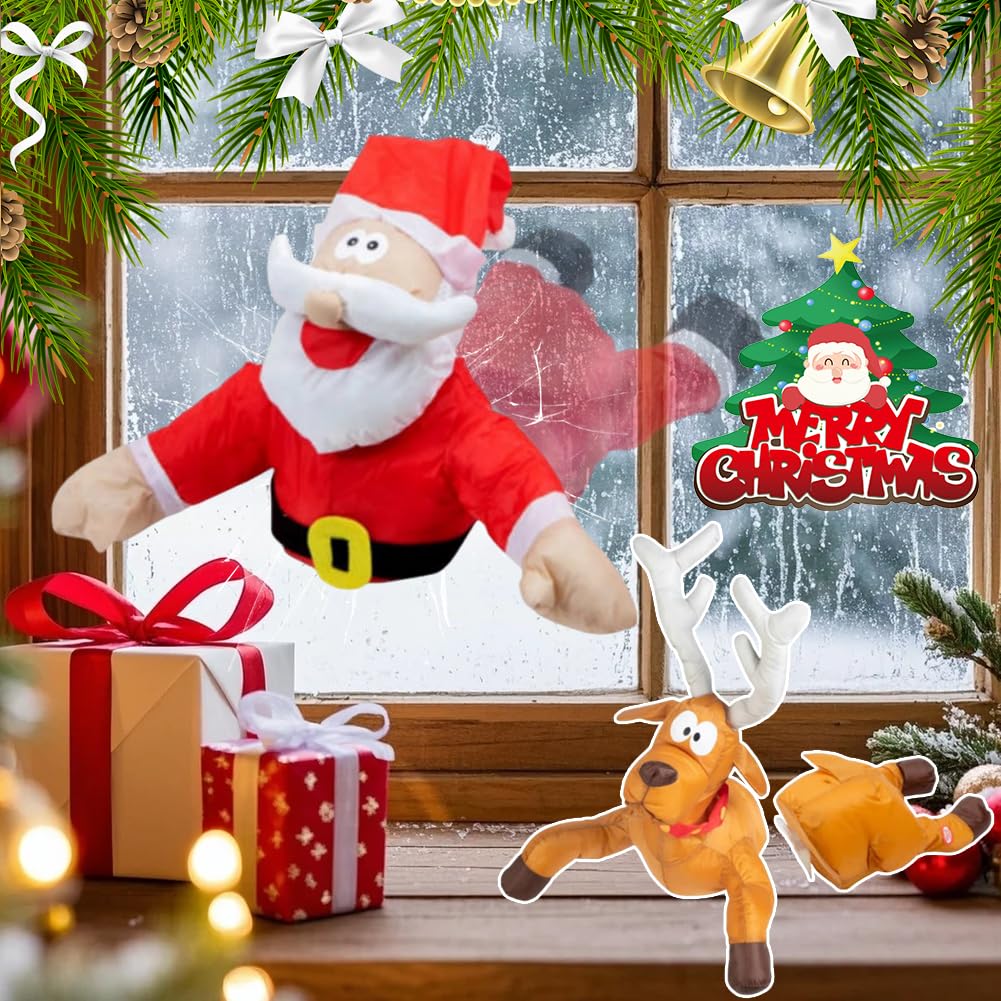 Décoration Noël Animée Pères Noël et Rennes S'écrasant sur Fenêtre avec Autocollant Vitre Cassée et Animation (2 pièces)