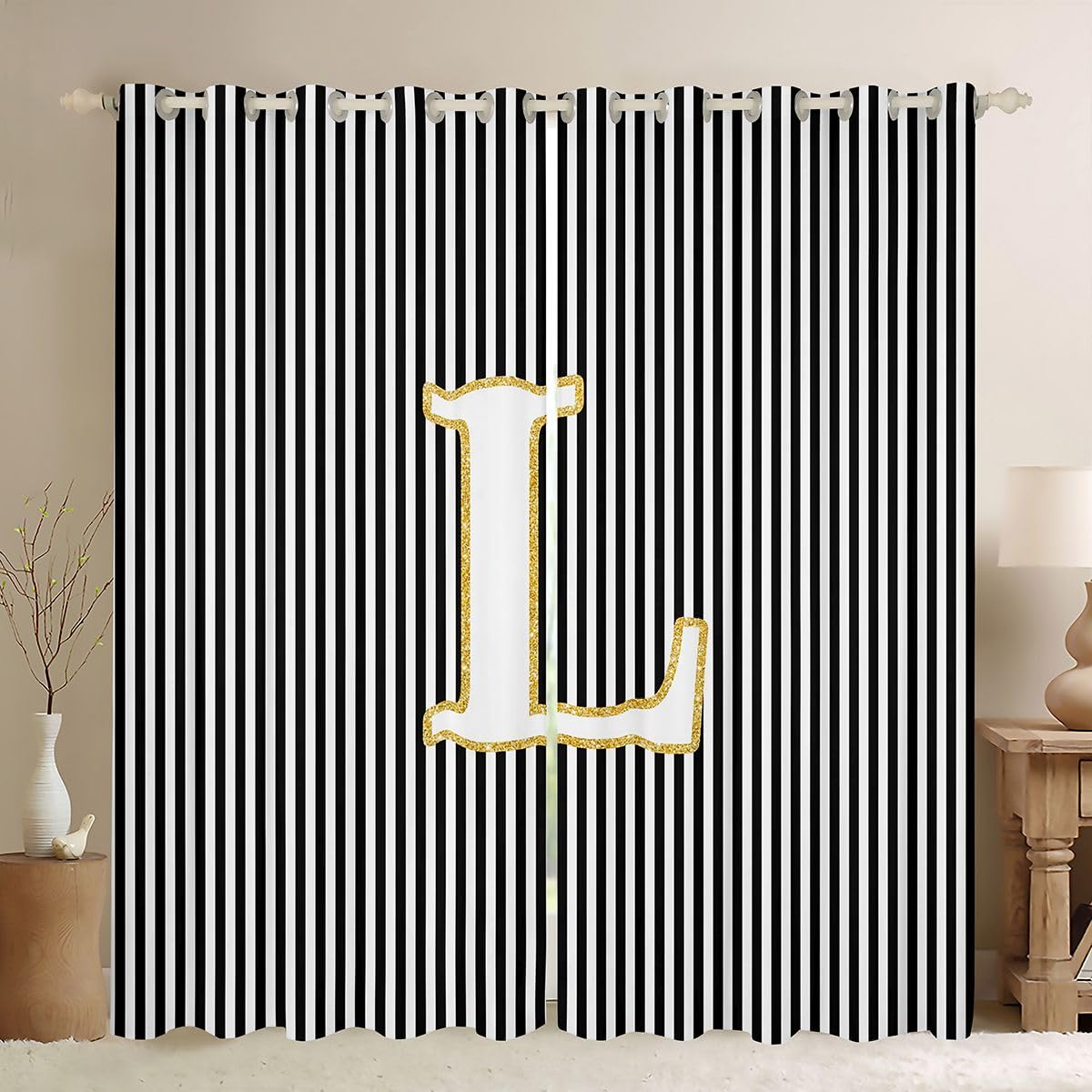 Homewish Firanki okienne w paski z inicjałem L 117 x 137 cm 2 zestawy paneli - zasłony zaciemniające czarno-białe abstrakcyjne zasłony okienne geometryczne stylowe monogram nowoczesne modne wzory