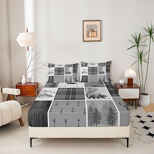 Miniatura 5 de Manfei Juego de sábanas con estampado de ciervos, tamaño matrimonial, estilo rústico, diseño de oso salvaje, para Año Nuevo o cumpleaños, 4 piezas