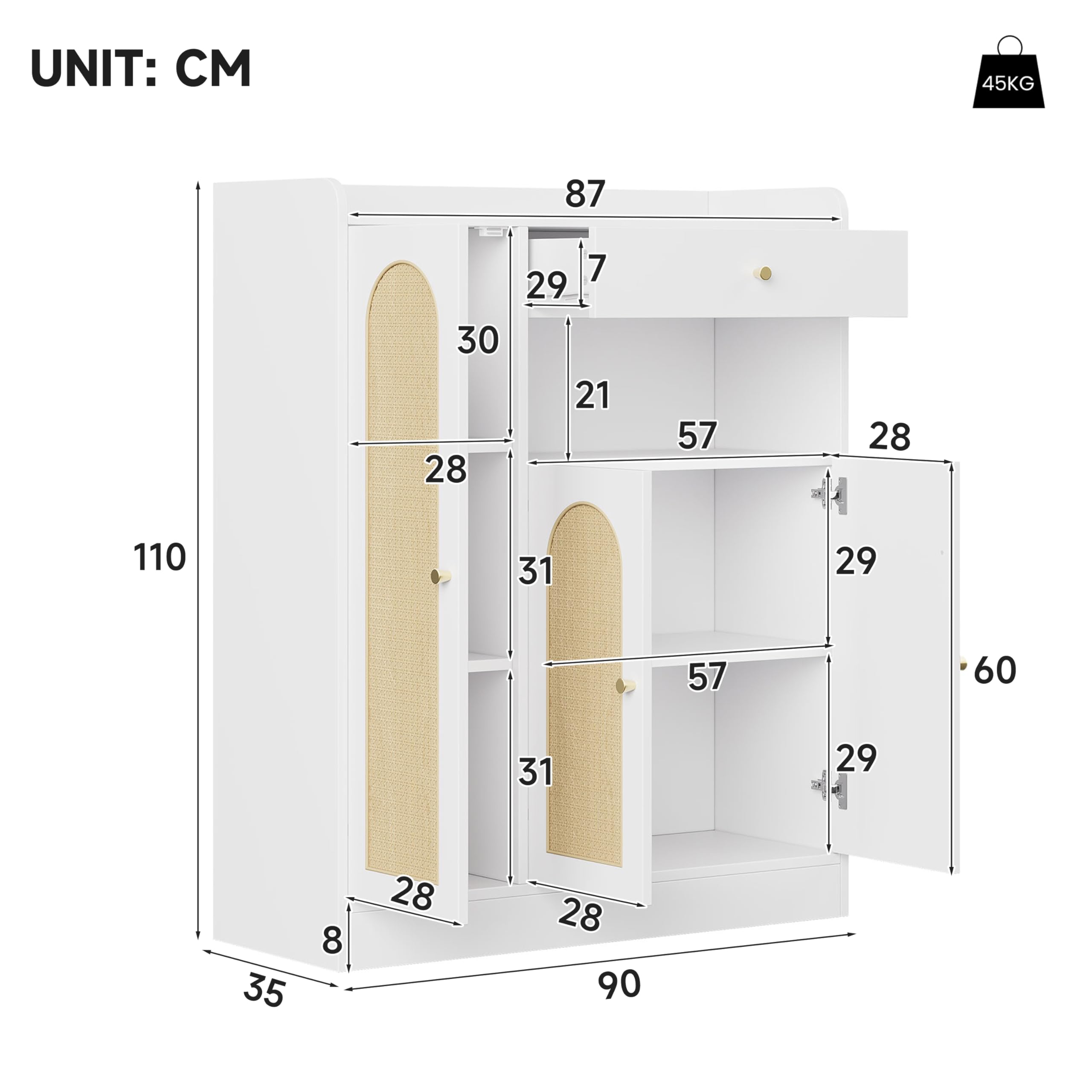 Zapatero (90 x 35 x 110 cm, con 3 puertas, cajón, aspecto de ratán), color blanco natural | Zapatero de color natural con 3 puertas, cajón, estantes ajustables, sistema antivuelco y efecto ratán.