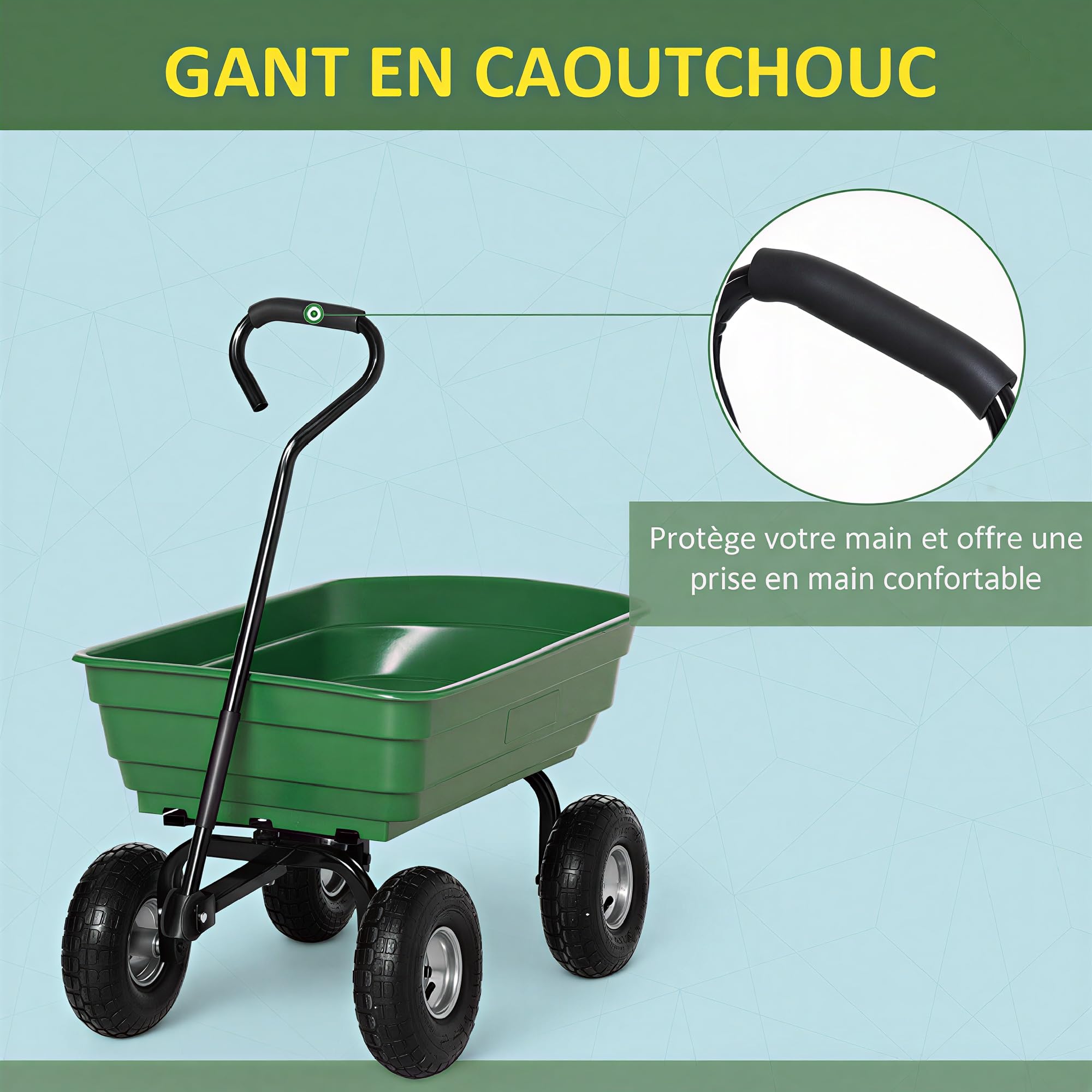 Outsunny Chariot de Jardin 100L Charge 250 kg, 4 Roues pneumatiques, poignée réglable, Remorque à Main pour Extérieur Cadre en Acier Vert
