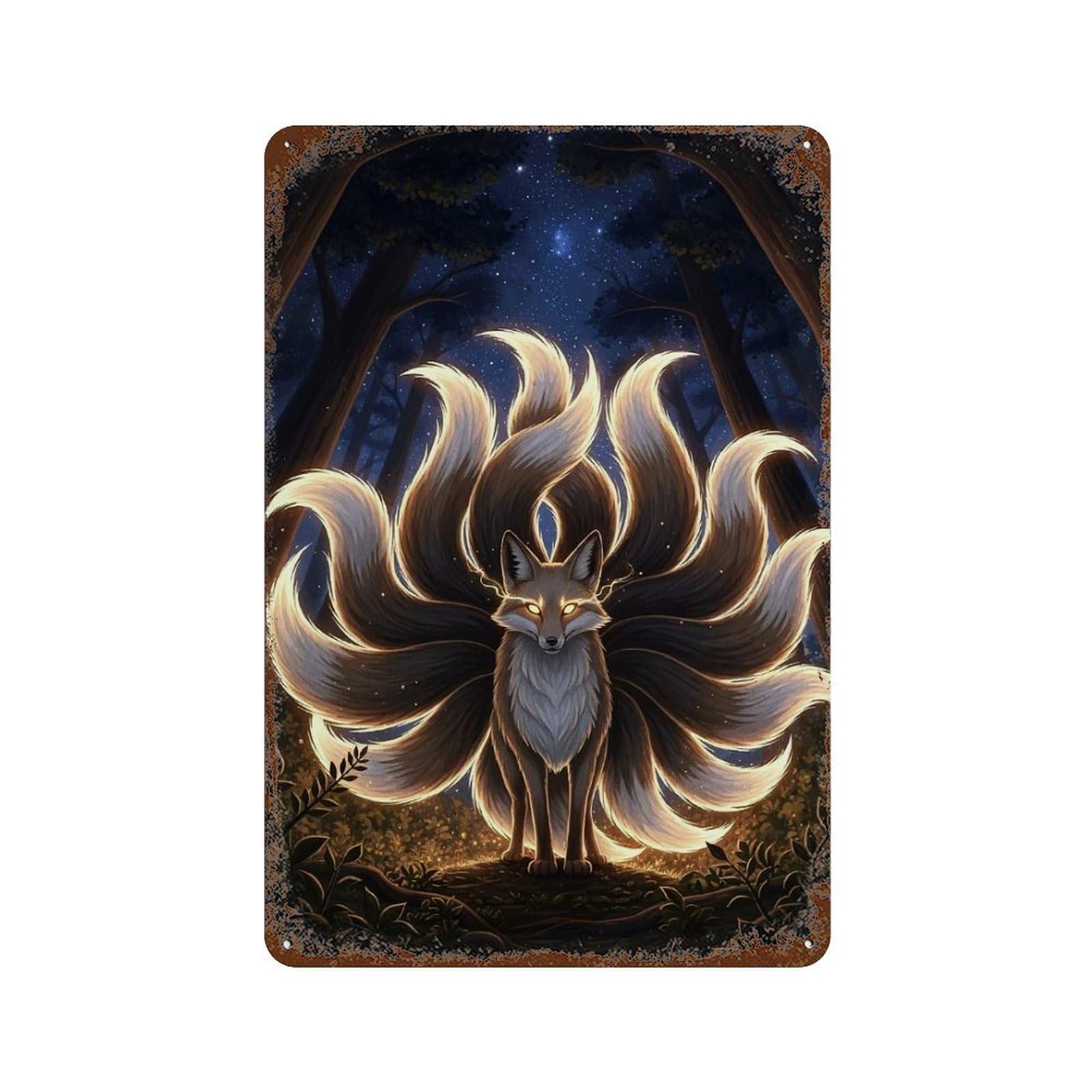 Nine-tailed Fox Enchanted Forest Retro Metal Sign 11.8"x7.9", Decorative Metal Wall Art for Basement, Hobby Room And Garage Decor