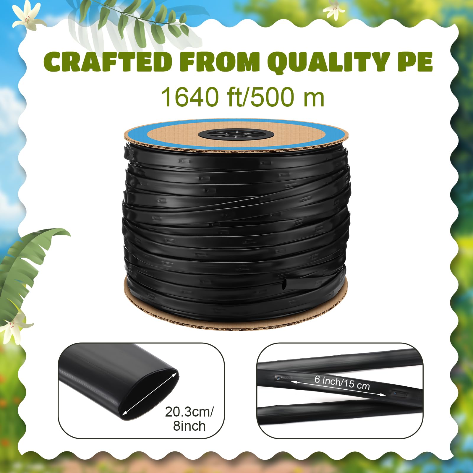 Tubo de riego por goteo de 5/8 pulgadas, cinta de riego de 6 pulgadas, línea de goteo de 0.46 GPH, sistema de riego de cinta de goteo de 15 mil para riego de jardín, patio, manguera de riego
