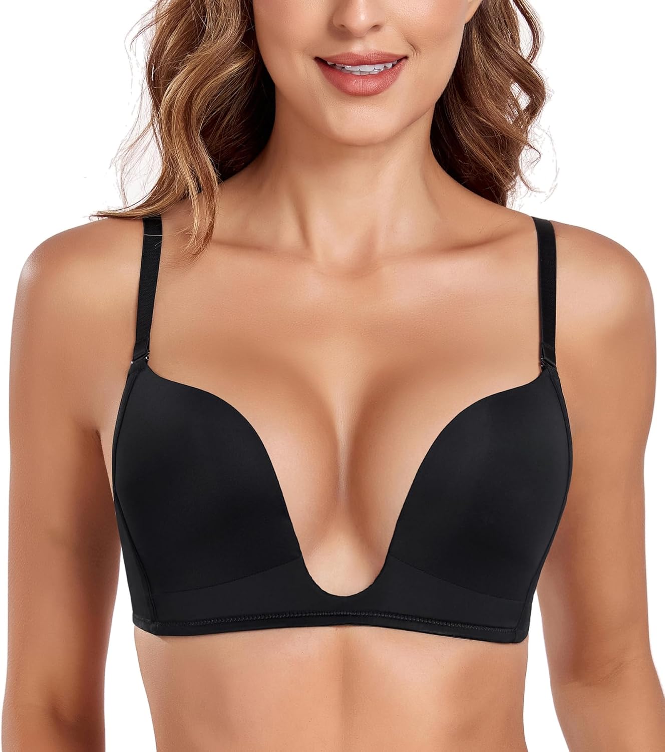 Lemorosy Women's Deep V Plunge Red Carpet Convertible Push Up Bra -Low Cut Sexy U Shaped with Light Padded