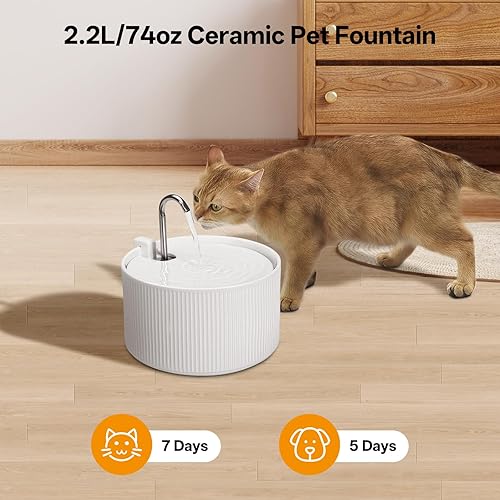 Miniatura 2 de Fuente de agua de cerámica para gatos, 2.2L74 onzas, fuente de agua para mascotas, fuente de bebida para gatos y perros con filtro de repuesto y