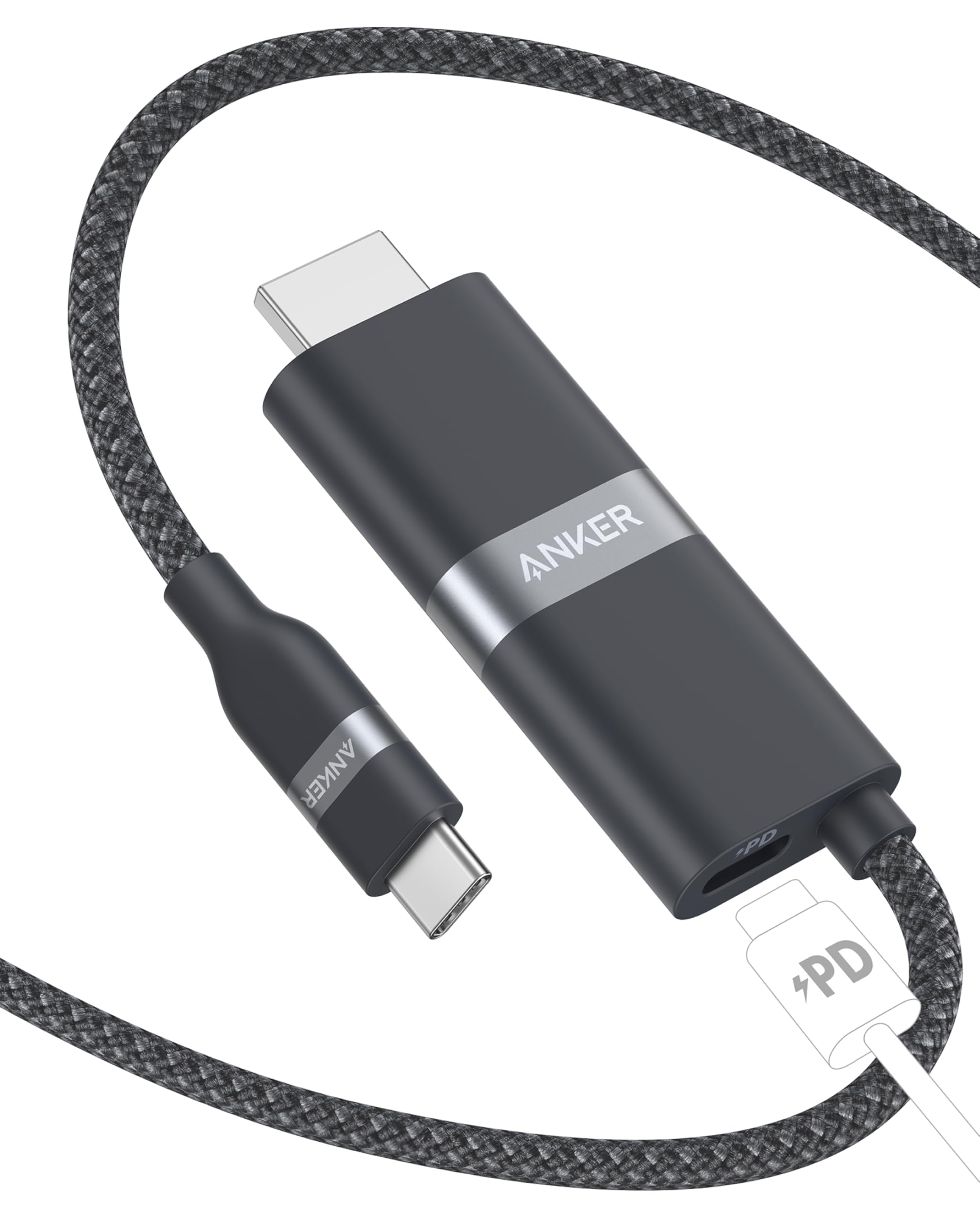Anker Nano USB-C auf HDMI-Kabel Adapter mit 140W PD Schnelllade-Port, 4K@60Hz HDMI auf USB-C Kabel, nachhaltig mit Advanced Shielding, Thunderbolt 5/4/3-kompatibel, für MacBook, iPhone, HD TV (180cm)