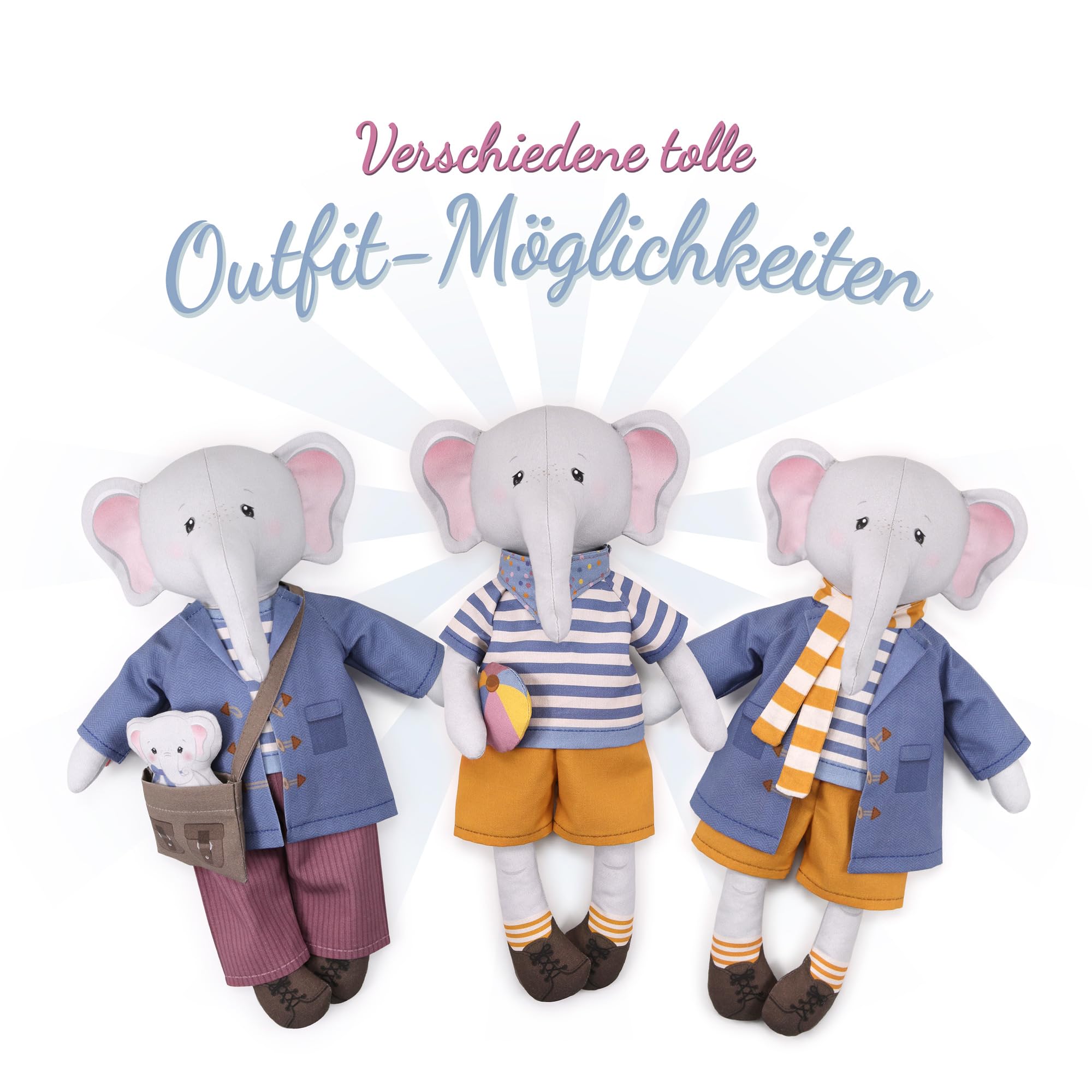 kullaloo Cut & Sew Stoff Paneel auf Baumwolle – Anziehpuppe mit Kleidung selber nähen, inkl. Elefant, Hosen, Shirt und mehr – Öko-Tex 100 zertifiziert – Dress Me Besties EDDY ELEFANT