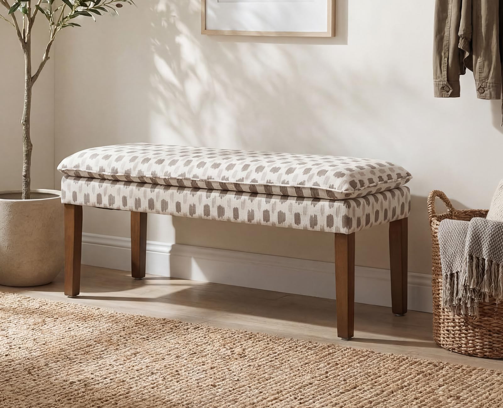 Banc Bout de Lit Bois Massif Banquette d'Entrée en Lin Banc Ottoman Vintage pour Entrée/Salon/Chambre, Kaki