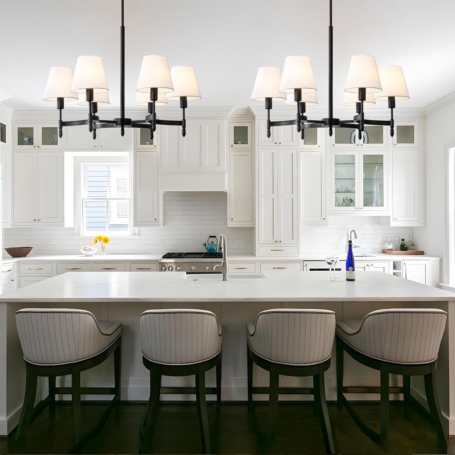 27'' Black Farmhouse Chandelier with White Fabric Shade 6-Light Modern Chandelier for Dining Room Large Adjustable Rustic Pendant Lighting Fixture for Kitchen Living Room Bedroom Foyer