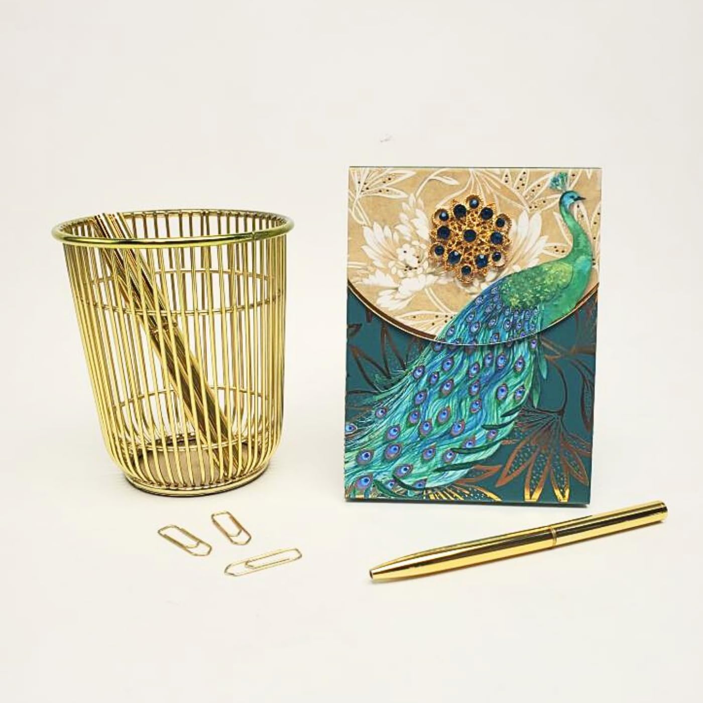 Punch Studio Flip-Top Notepad For Daily Notes or Notes on-the-go, with Magnetic Closure, Brooch Embellishment, Gold-Foil Accents & 75 Illustrated Sheets, 5" x 3.75" - Emerald Peacock (44667)