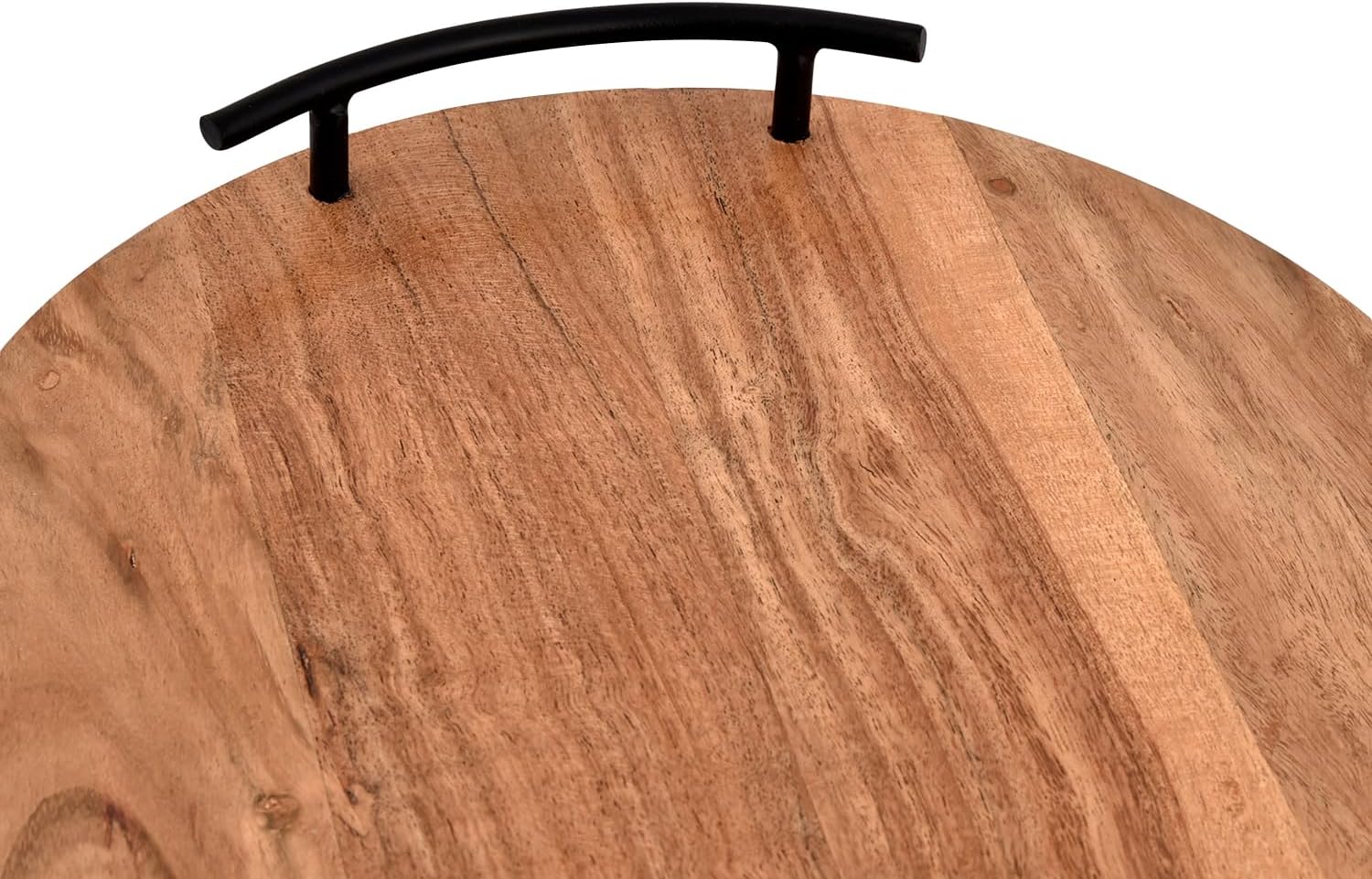 NIRMAN Serving Tray Round Wood Serving Tray with Iron Handles Display for Vintage Home Decor, Farmhouse Kitchen Counter Centerpieces (12" x 12" x 1.75") - Image 4