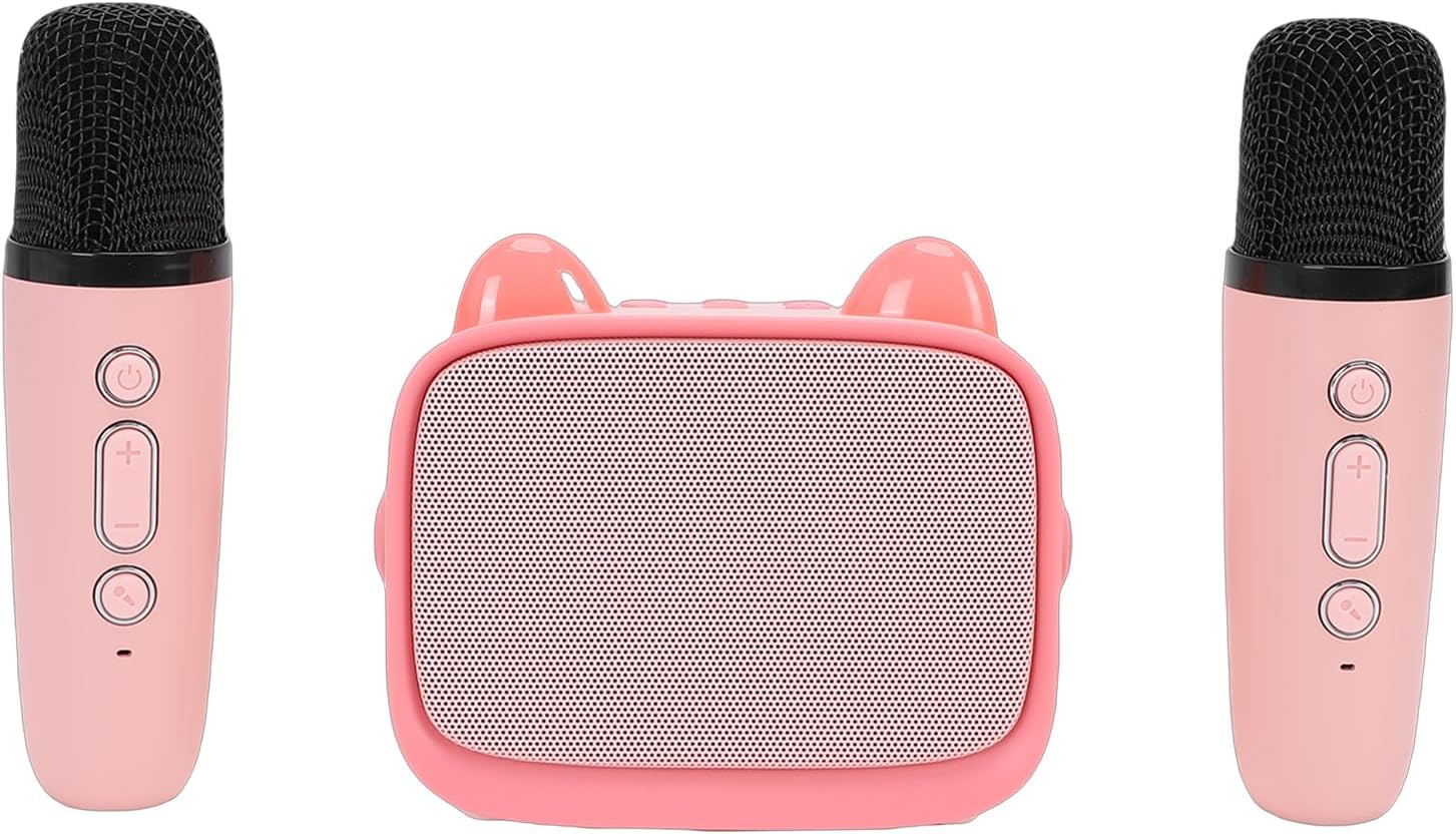 Keenso Mini Karaoke Machine, Portable ABS Bluetooth Speaker with Wireless Microphones, Ideal Karaoke Machine for Kids and Adults (Pink)