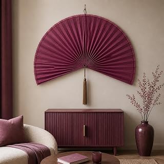 Large woven bamboo fan wall decor with hanging tassels