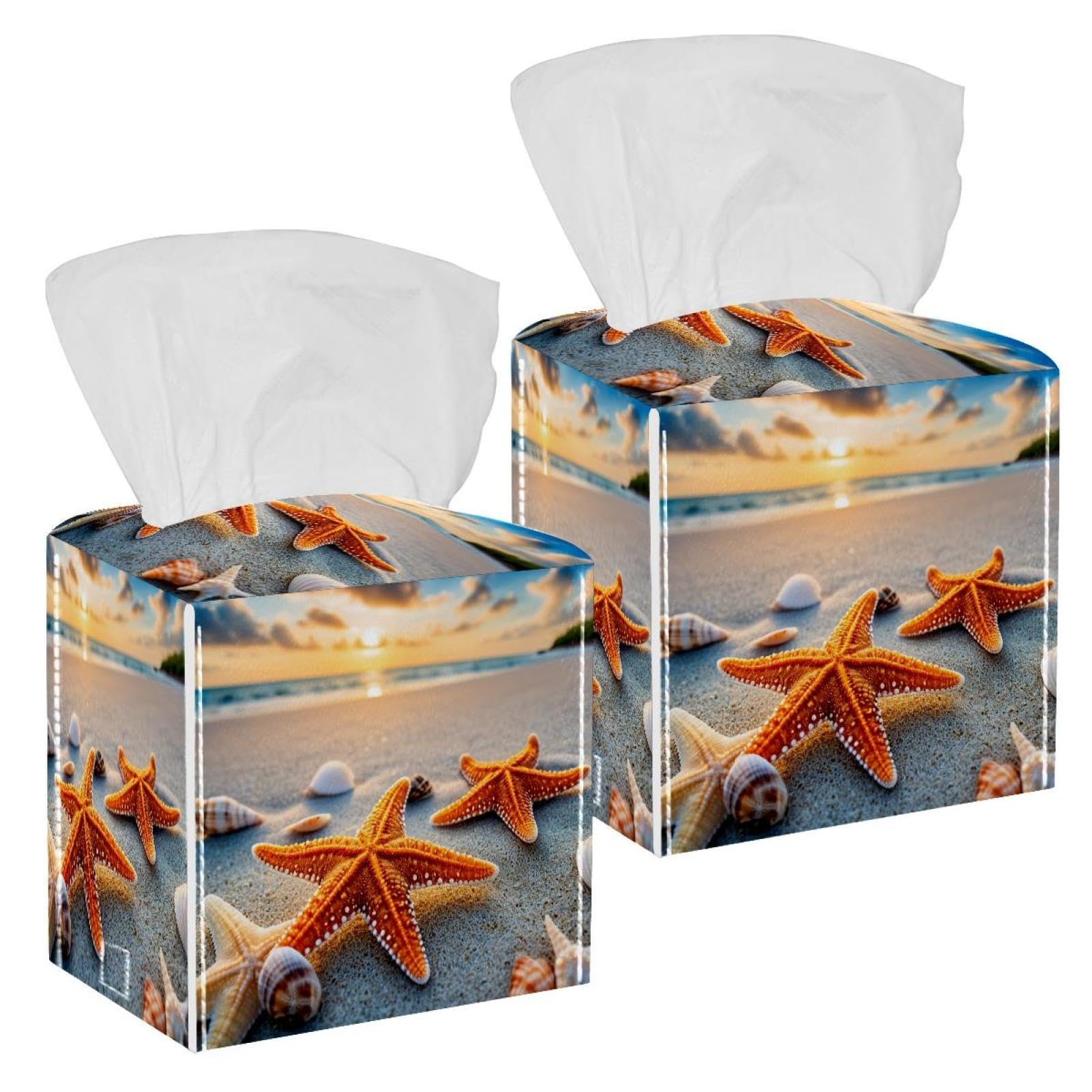 Starfish on the Beach Tissue Box Cover, 2 Pack PU Leather Square Facial Tissue Dispenser Box holder for Home Office Car