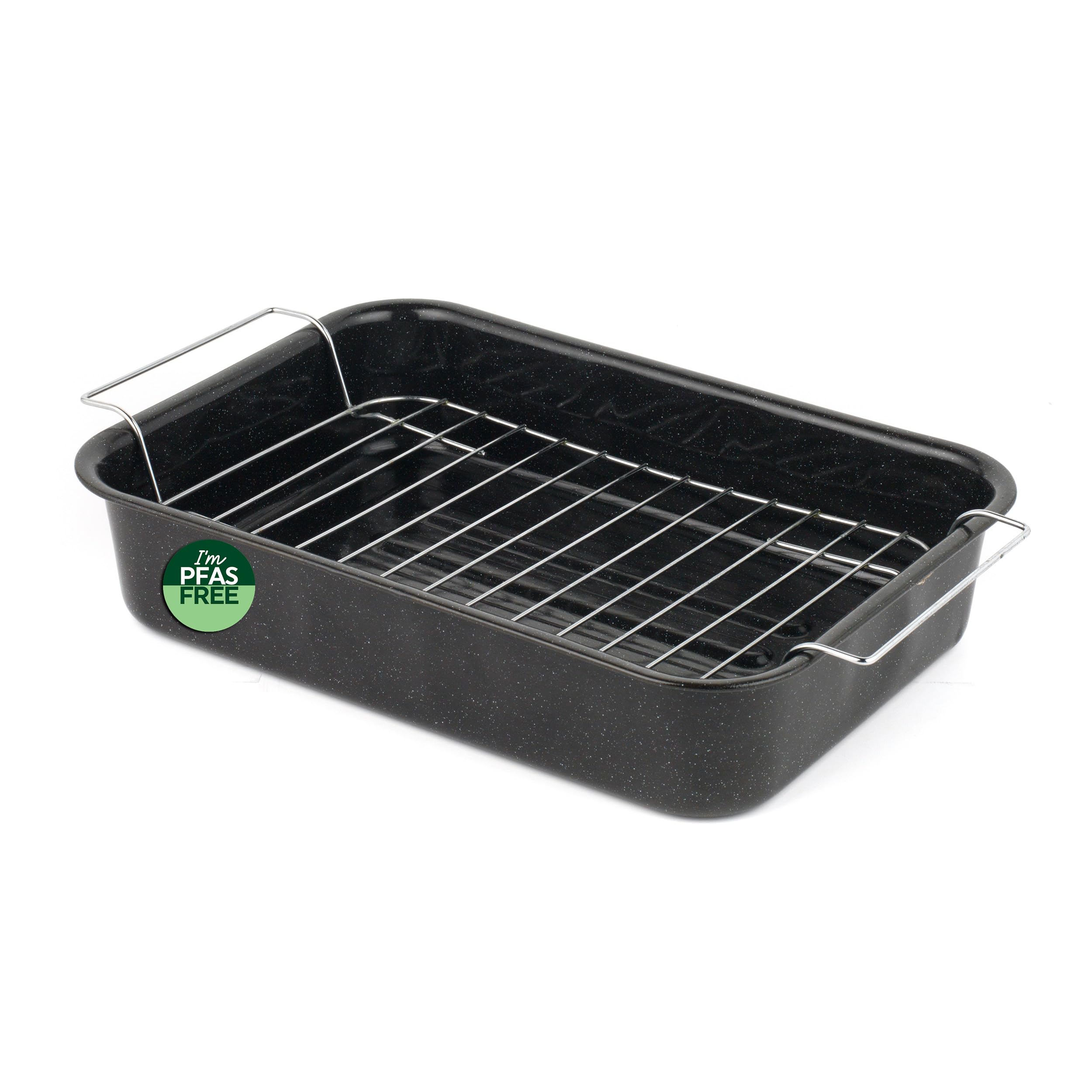 Salter Vitreous Enamel 34cm Roaster & Rack - Large Roasting Tin, Oven Baking Dish, Roast Chicken Tray, Meat/Vegetables, Dishwasher Safe, Deep Rectangular Oven Tray with Stainless Steel Rack, Black