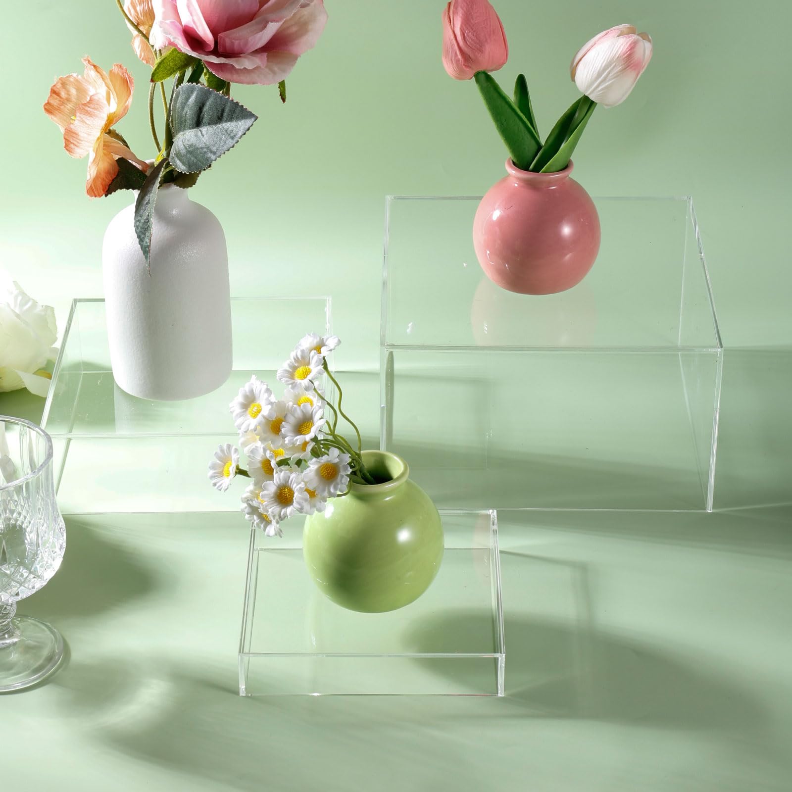 PEUTIER 4pcs Rehausseurs Buffet avec Logo Table, 1,97x2,36x2,76x3,15cm Présentoirs à Aliments Acrylique Transparent Présentoirs à Cupcakes Rehausseurs Buffet fête pour Desserts Bonbons Artisanat