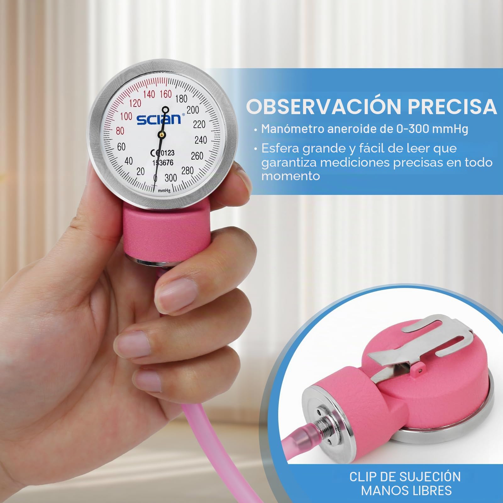 Tensiómetro manual SCIAN - esfigmomanómetro aneroide con manguito europeo (22-42 cm) y anillo en D, incluye estuche de transporte para enfermeras, médicos, personas mayores, adultos （rosa）