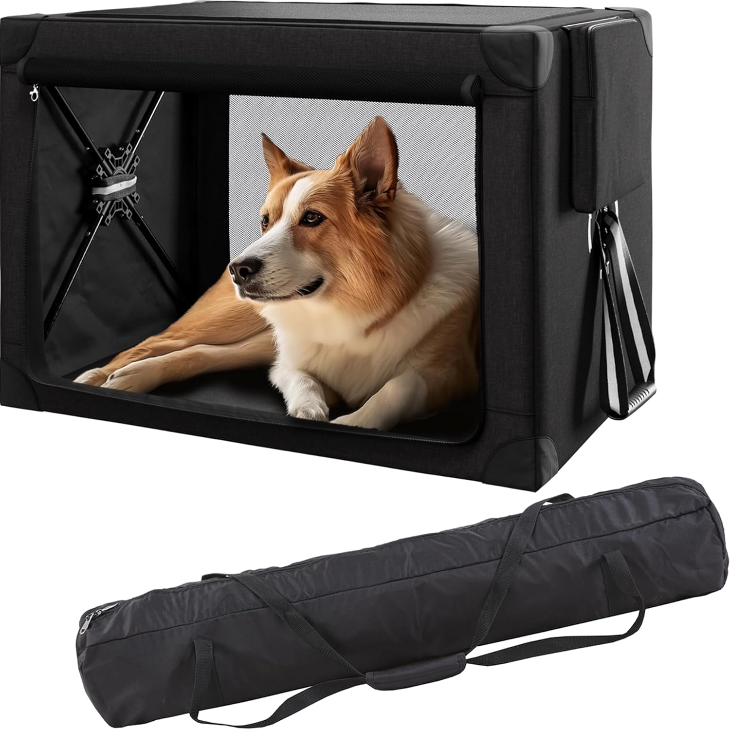 Collapsible Dog Crate – 32 Inch Portable Foldable Travel Crates for Medium Dogs with Detachable Storage Bag, Removable Pad, and Mesh Windows for Outdoor & Indoor (Black)