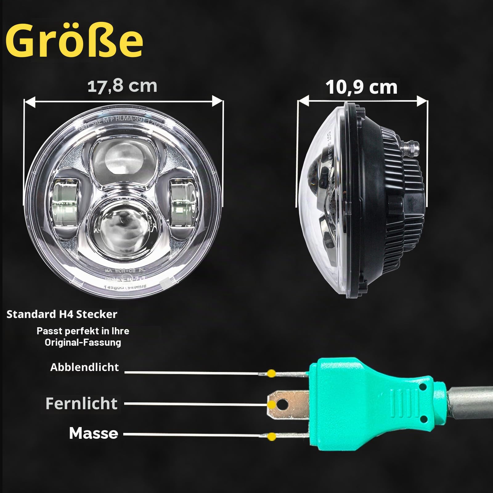 17,8 cm Motorrad-LED-Scheinwerfer, 11,4 cm, Nebelscheinwerfer, DOT, SAE-geprüft, Davidson, Fat Boy, Street Glide, Heritage, Softail Road King, Switchback, Electra Glide, Ultra Classic, Chrom