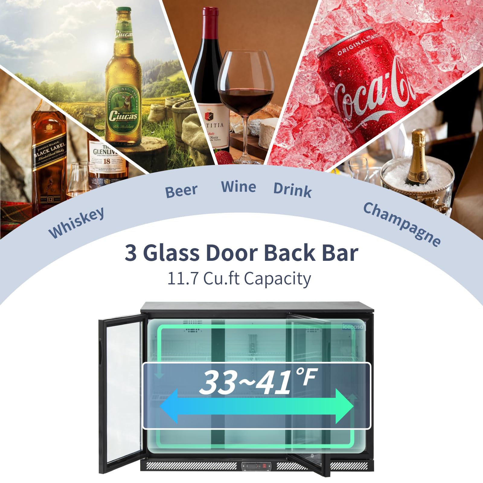 Beverage Refrigerators 3 Glass Door Back Bar Refrigerator Commericial Counter Height Refrigerator Merchandiser 11.7Cu.ft for Soda Beer