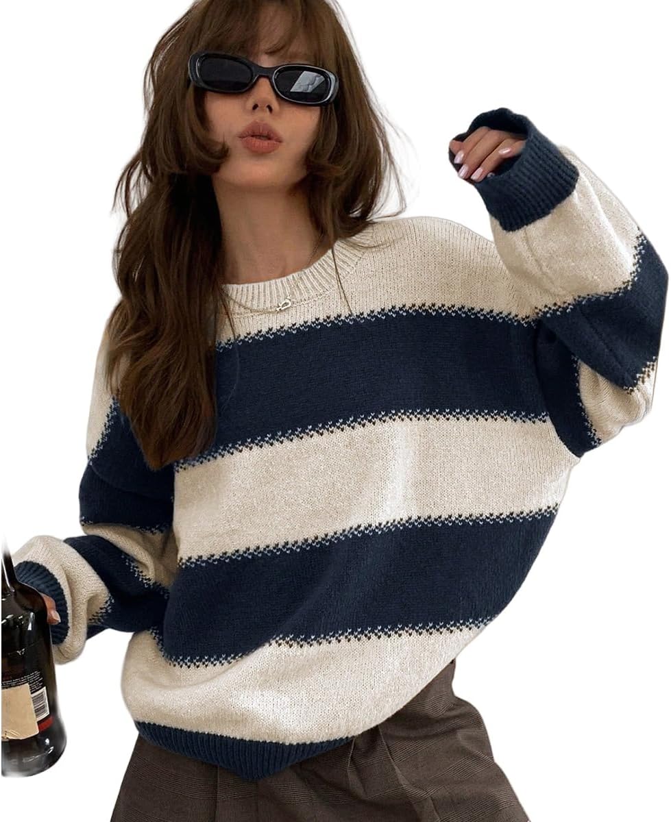 SKAYS Women's Retro Contrast Striped Sweater Loose Round Neck Long Sleeve Knitted Pullover