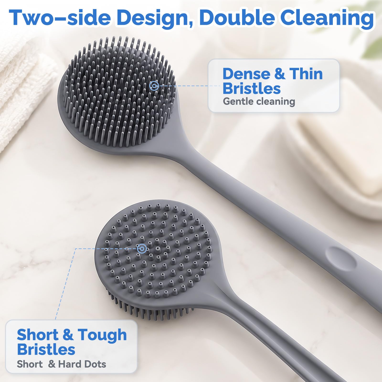 Manmihealth Set di spazzole per la schiena in silicone (setole sottili) e morbido guanto da bagno per il viso, scrub super esfoliante per il corpo e spazzola da doccia super schiuma per il viso, con