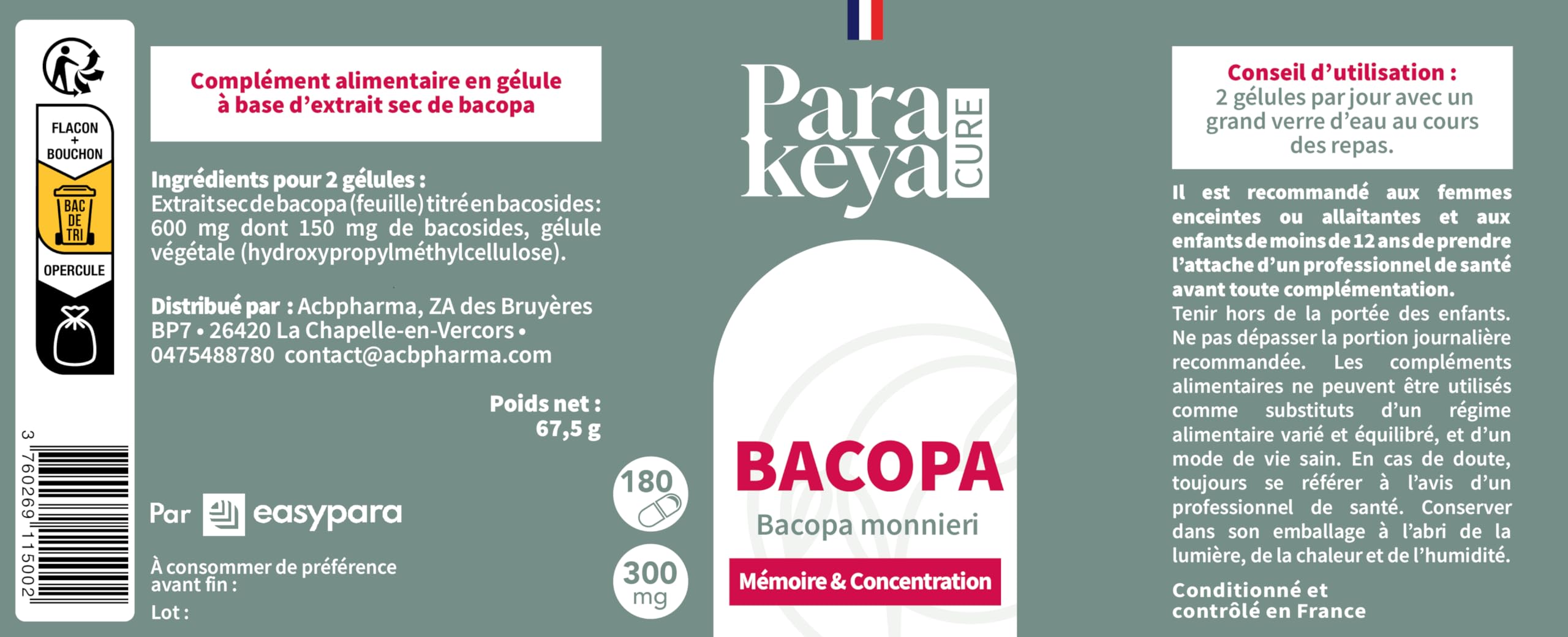 Bacopa 300 mg| Mémoire et Concentration|Complément alimentaire|180 gélules