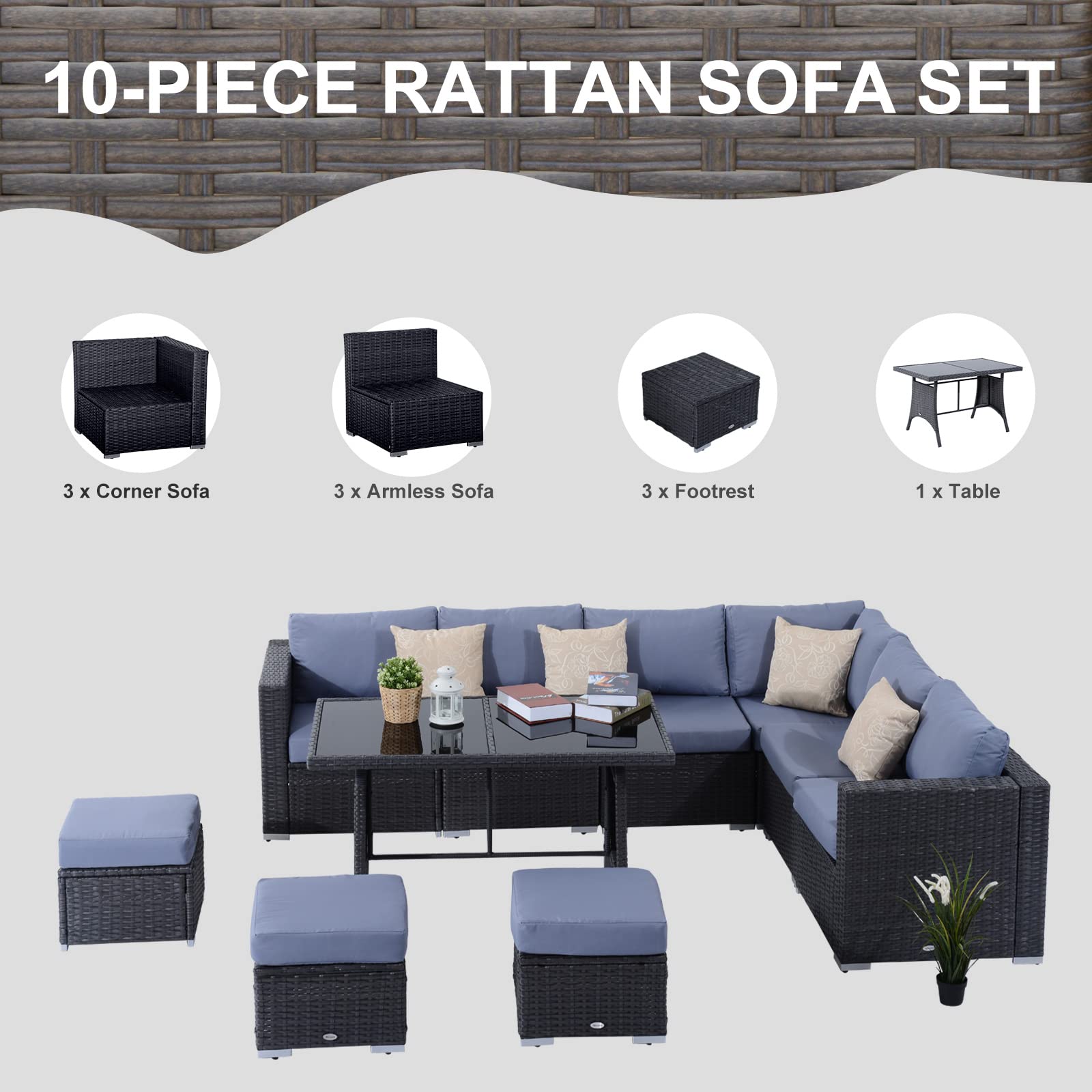 Outsunny 10PC Garden Rattan Corner Dining Sofa Set 9seater Patio