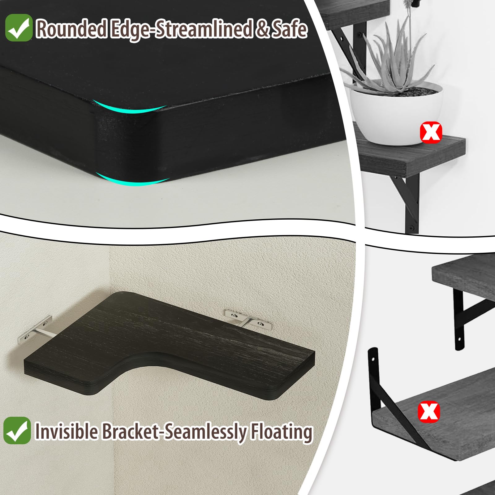 SAUMONIERES Juego de 3 estantes flotantes de esquina de madera maciza para dormitorio, baño, cocina, almacenamiento, color negro, soportes invisibles