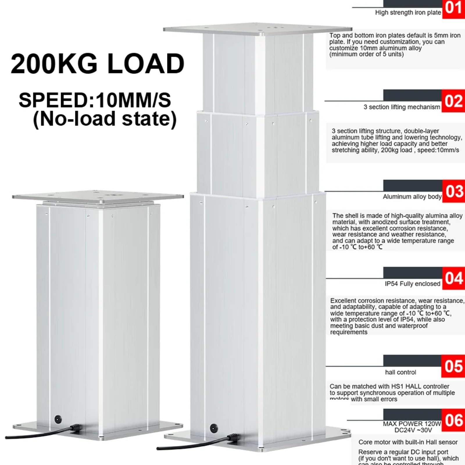 2 Stück Hebe Säule Belastungskapazität 200kg synchronisierte Arbeitsmaschinen Steuerung Hebeplattform(200KG Load 10MMS; 2 Hall 1V2; Hall H490)