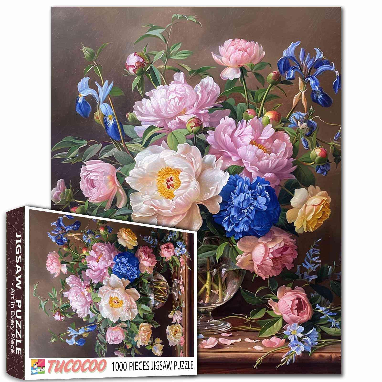 Colorful Peony Paeonia Flower Puzzles for Adults 1000 Pieces,Floral Plant Jigsaw Puzzles with Vintage Vase, Classic Painting Puzzle as Home Decor Vintage Flower 1000 Pieces Puzzles for Adults