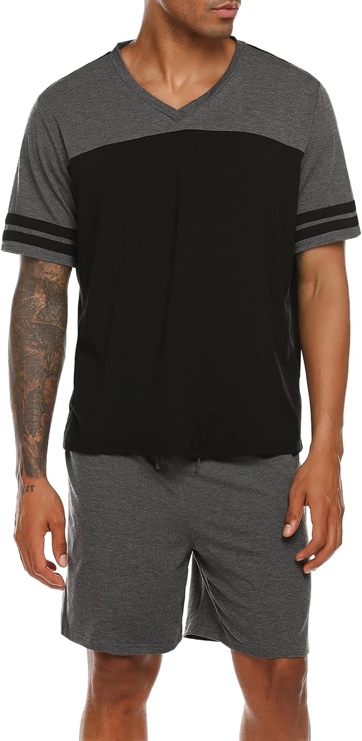 Ekouaer Men's Pajama Shorts Set Short Sleeve Sleep Set V-Neck PJ Set 2 Piece Set Sleepwear Nightwear with Pants S-XXXL