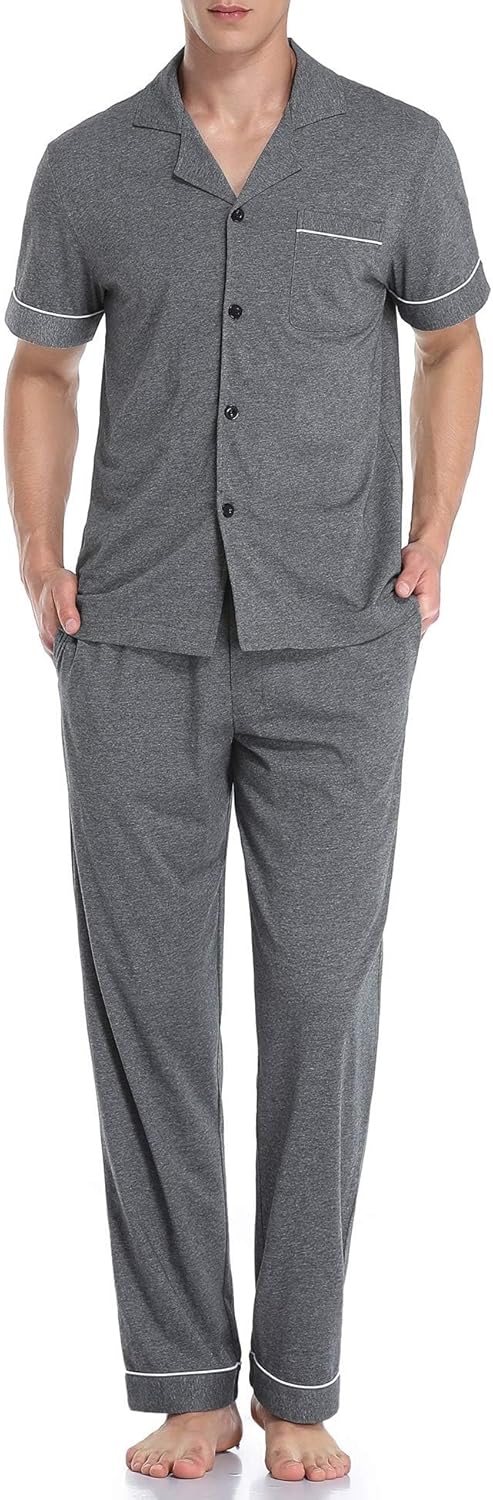 COLORFULLEAF Men's 100% Cotton Pajamas Set Button Down Sleepwear Short Sleeve and Long Pants Pjs