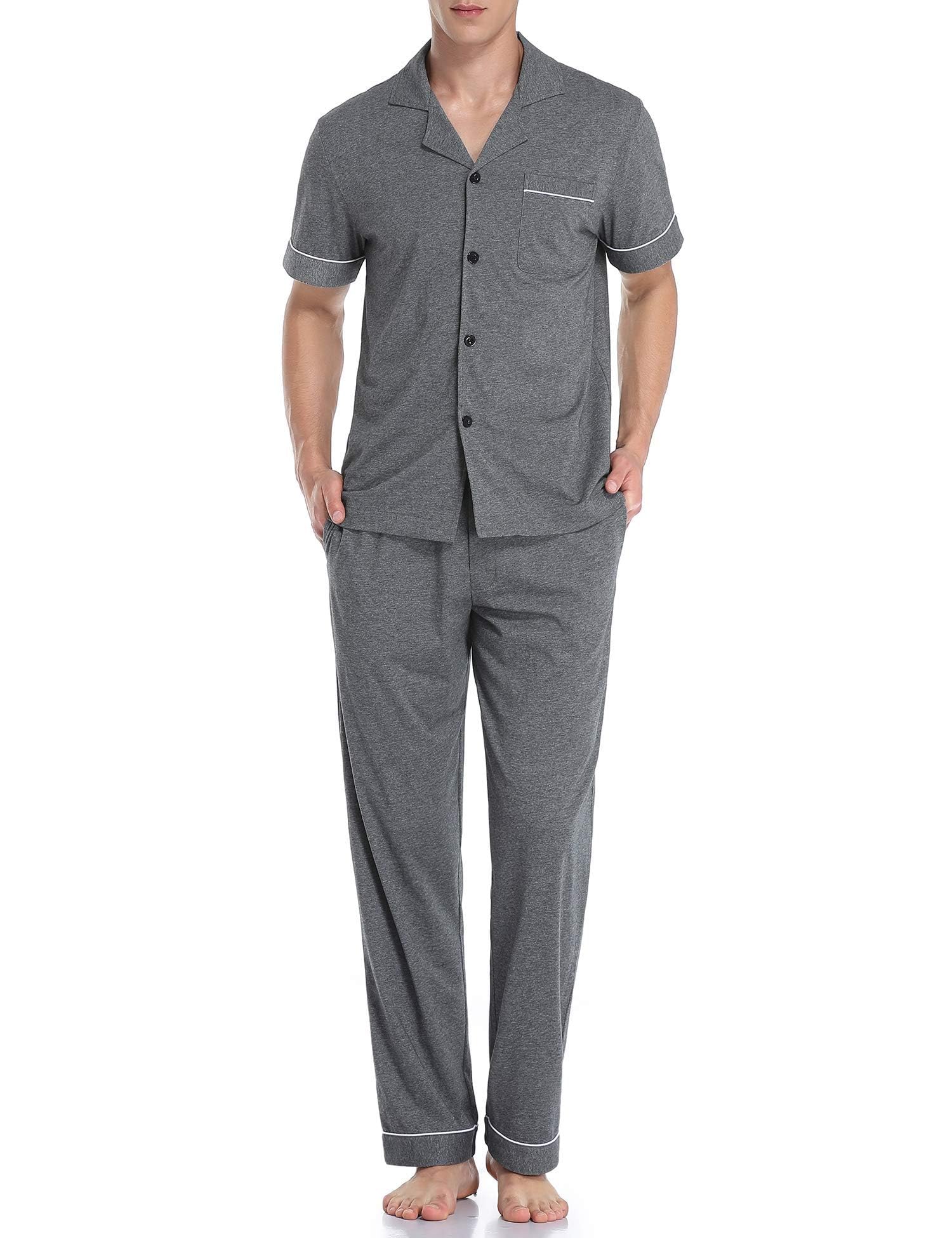 COLORFULLEAF Men's 100% Cotton Pajamas Set Button Down Sleepwear Short Sleeve and Long Pants Pjs