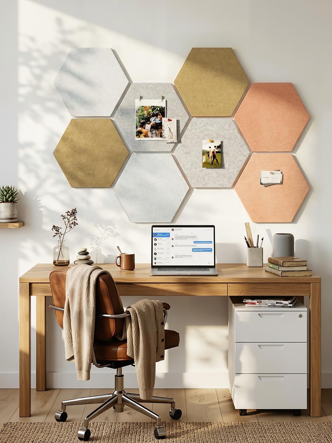 8 Pack Hexagon Felt Bulletin Board Tiles - 12" Large Thick Pin Board for Walls with 30 Push Pins, DIY Boards for Office Home School Decor, Aesthetic Hex Cork Board Alternative