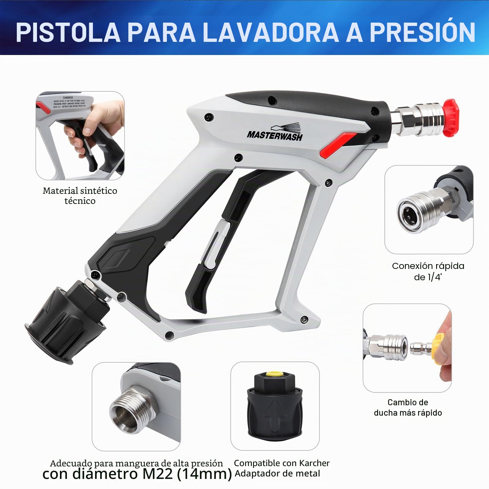 4000 PSI pistola de lavadora de alta presión con 5 puntas de boquilla de agua, accesorios de lavadora de presión de lanza corta para limpieza de coches, conector M22 14MM para Karcher K1-K7