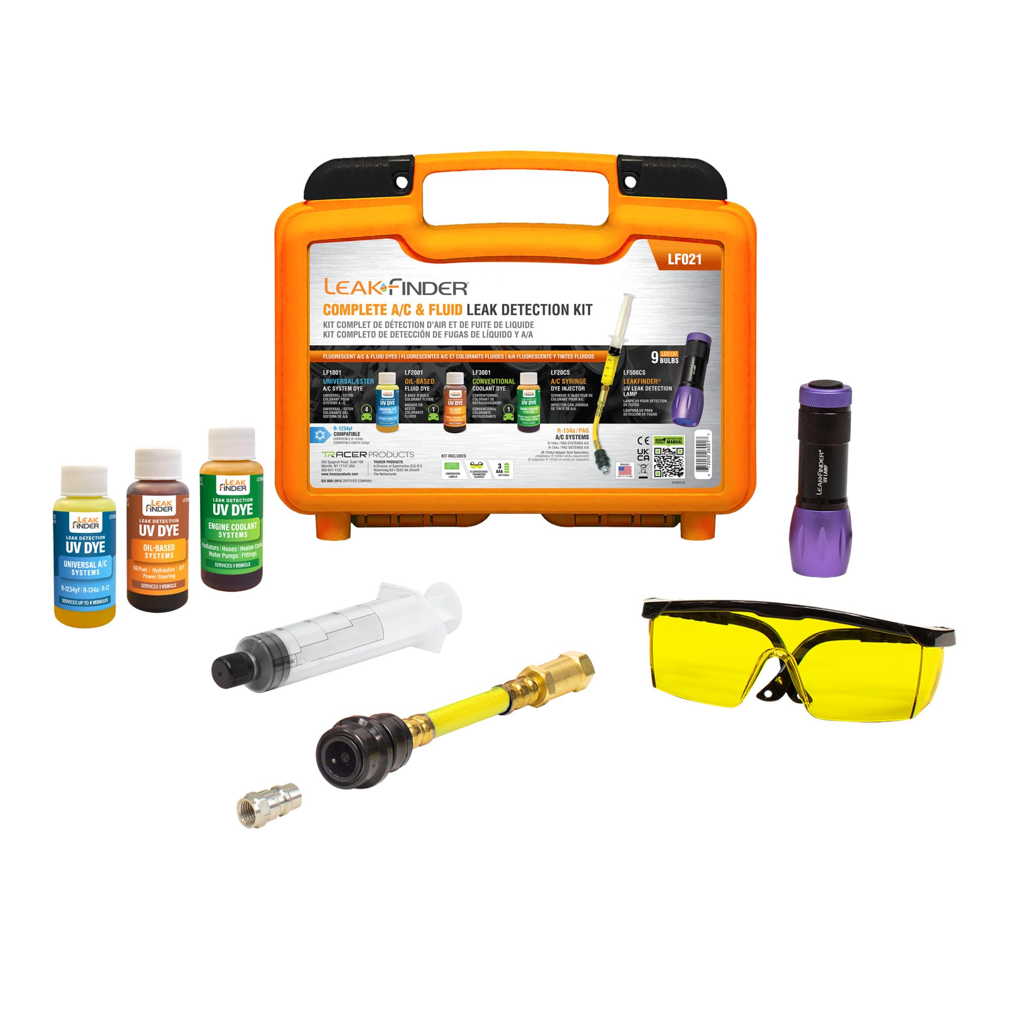 LF021 Auto Fluids & Air Conditioning Refrigerant Leak Detection Kit - 1oz of A/C, Oil-Based Leak Detector Dye, Injector Syringe, UV Light, R134A Hose Coupler, Made in USA