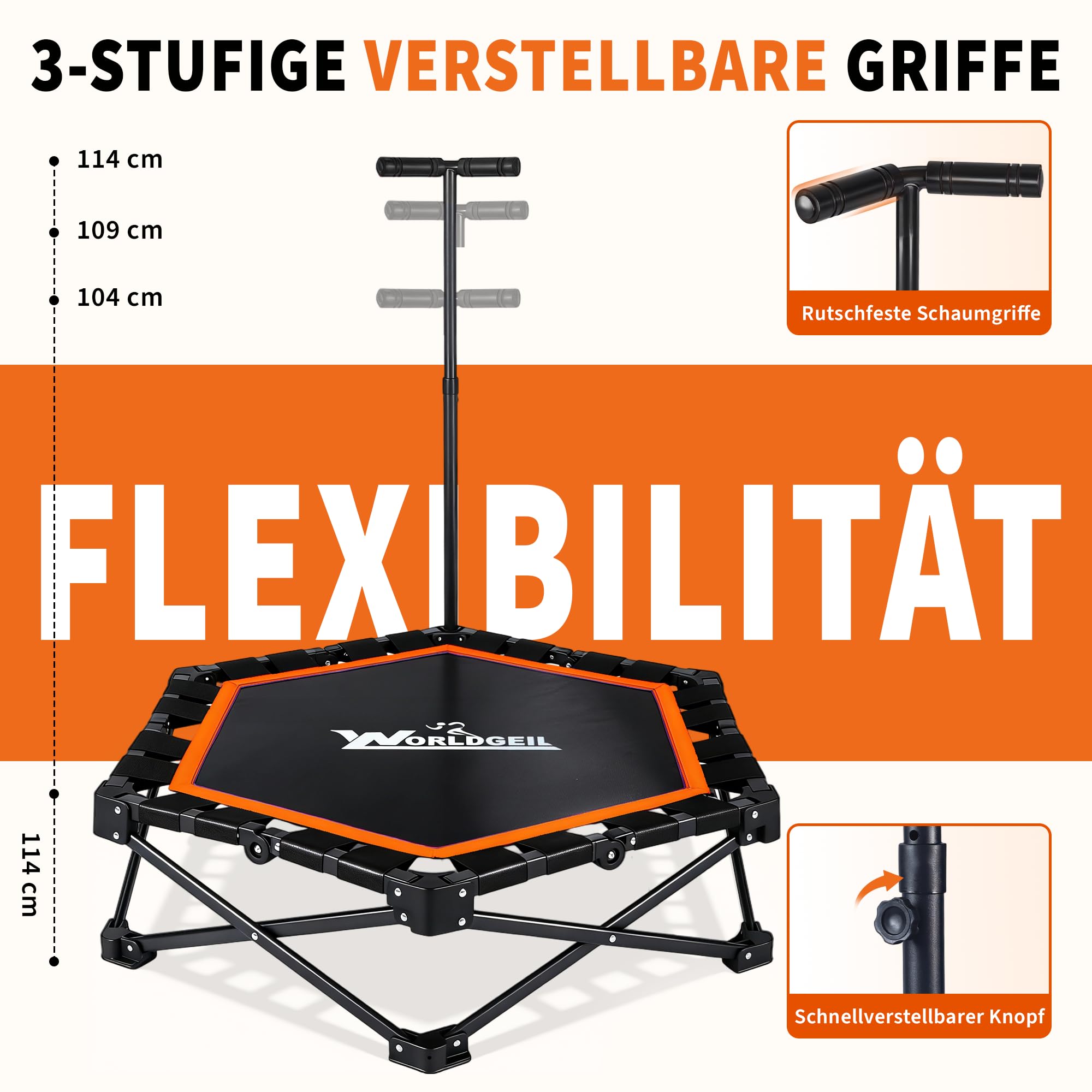 Trampolin Indoor Klappbar - Mini Trampolin mit Höhenverstellbarer Handgriff - Tragkraft 150 kg - Ø 86.5 cm - Jumping Trampolin Fitness für Erwachsene & Kinder - Sport Geräte für Zuhause