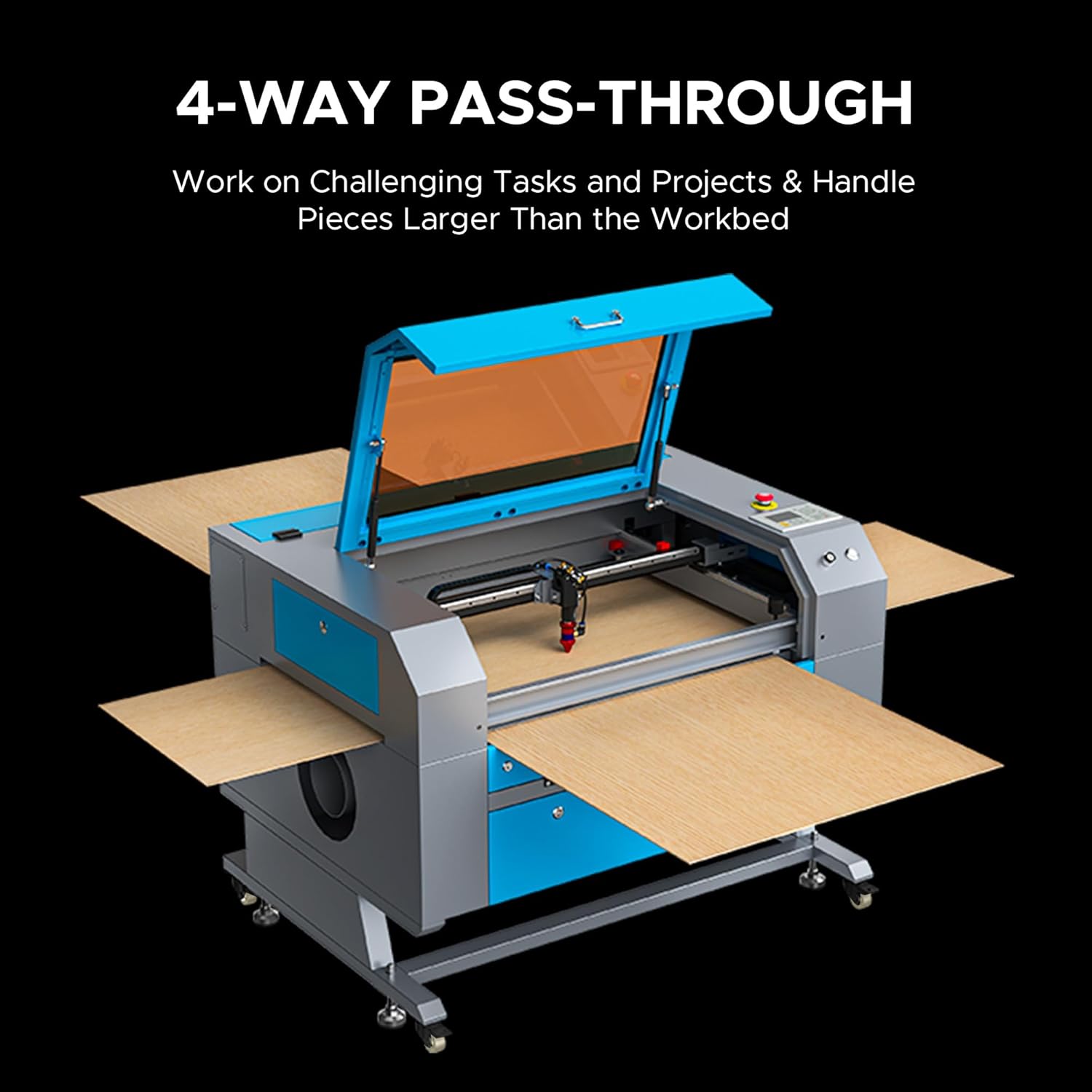 OMTech laser engraver with 4-way pass-through doors open, showing large material being processed.