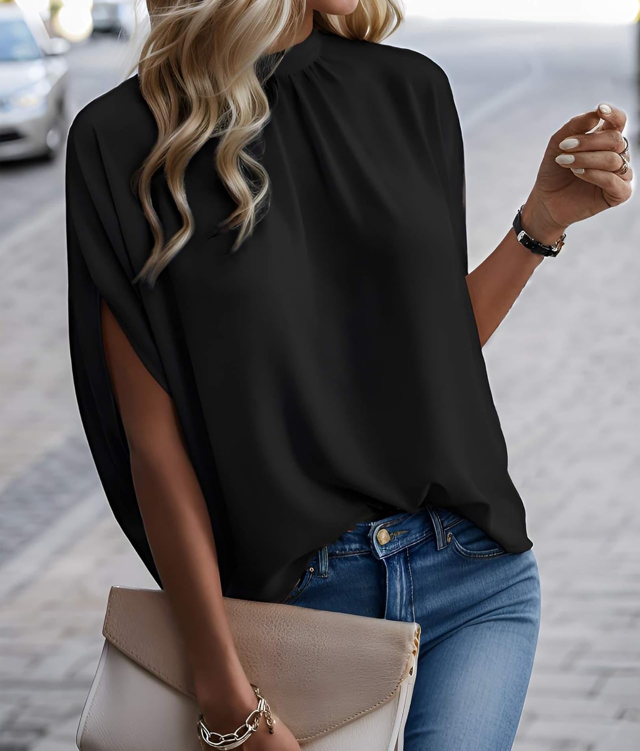 Womens Blouses Dressy Casual Mock Neck Batwing Sleeve Tops Loose Fit Tie Back Summer Tunic Tops - Image 3