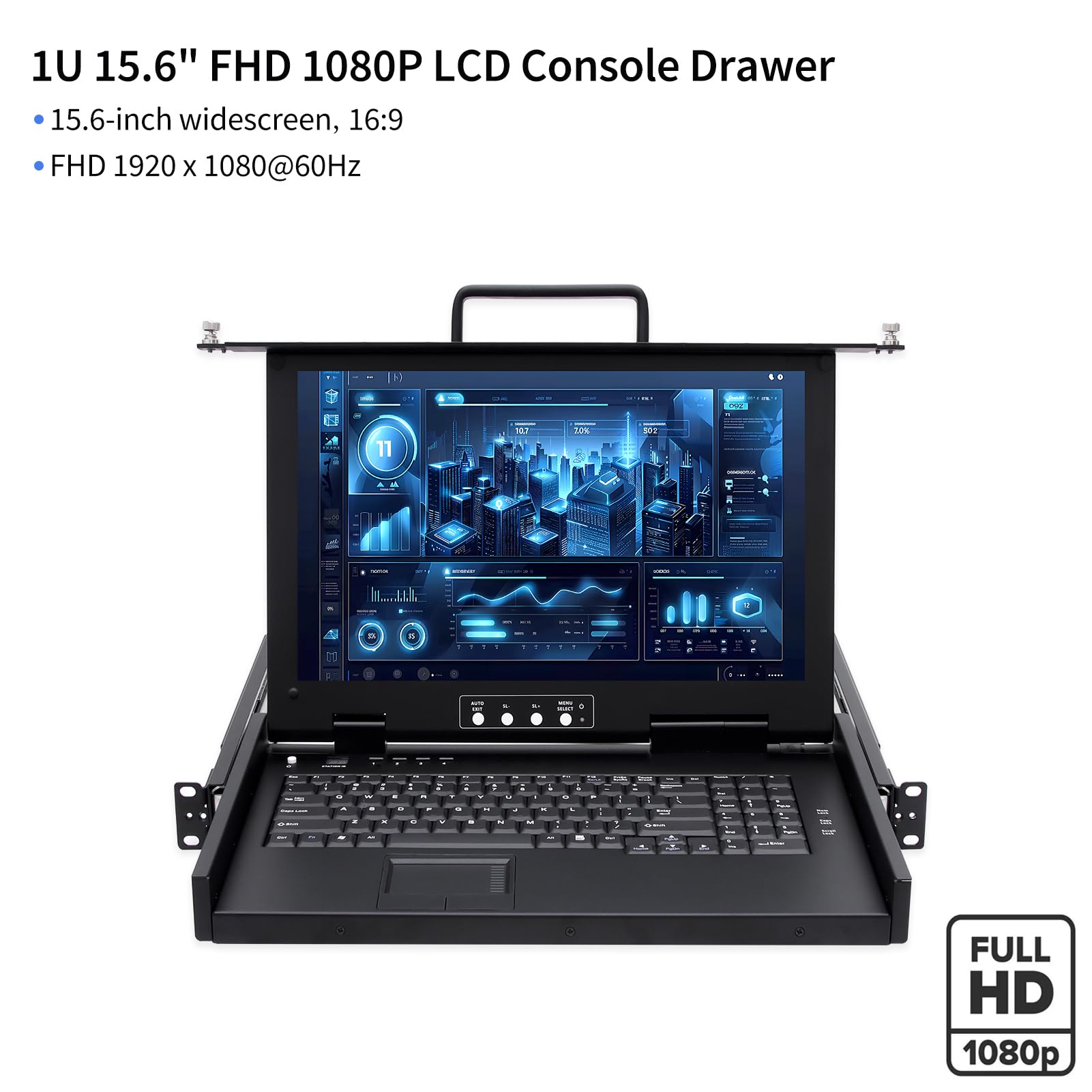 Console KVM à 4 ports avec écran 15,6" 1080p monté en rack, tiroir de commutateur KVM HDMI 1U + clavier + pavé tactile + 4 câbles KVM USB HDMI, interrupteur à bouton OSD pour armoire réseau de 24" à