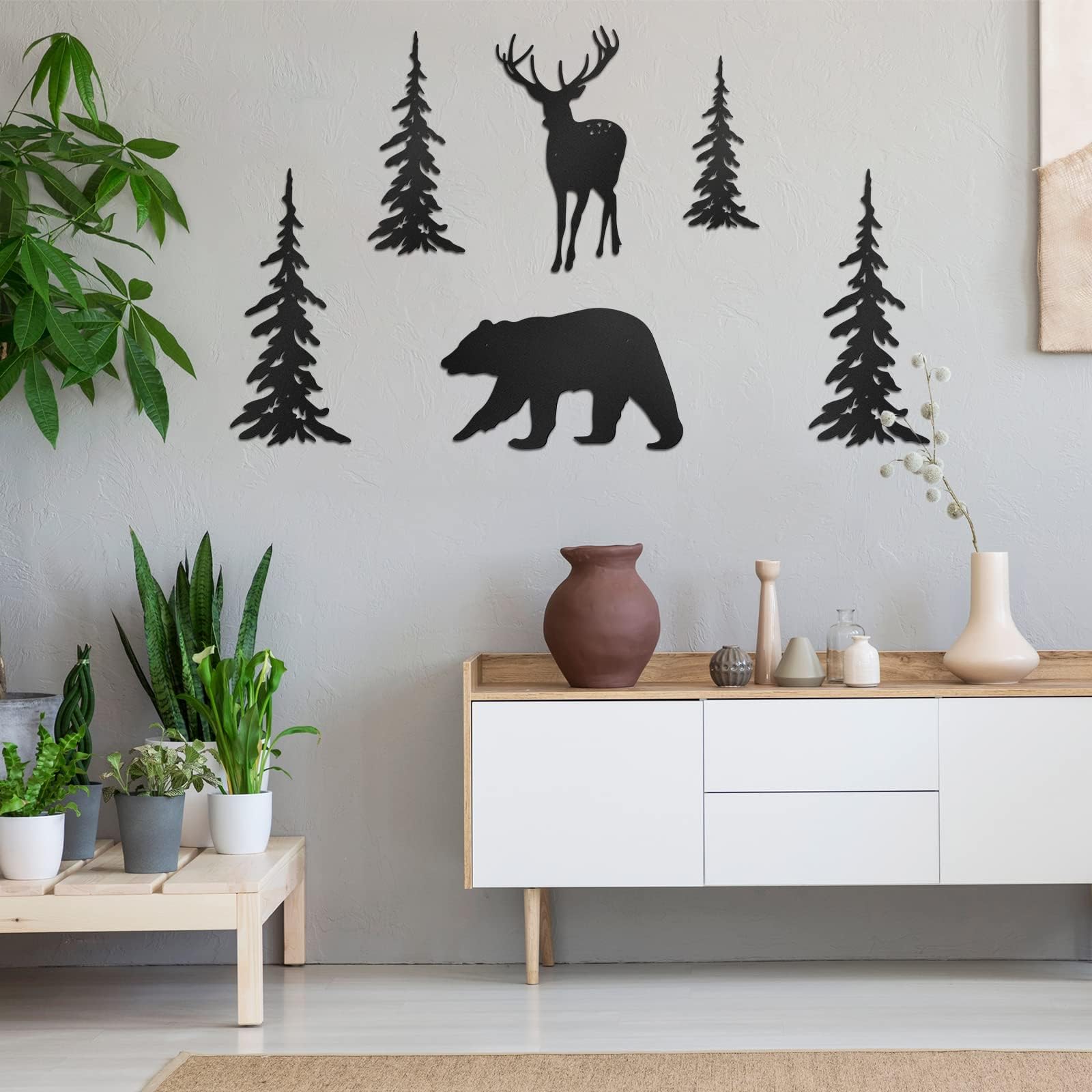 Moxweyeni 6 Pieces Metal Wall Art Deer Bear Pine Tree Wall Decor Hanging Forest Decor Rustic Cut Metal Art Wall Decor for Home Bedroom Office Outdoor Decorations(Black)